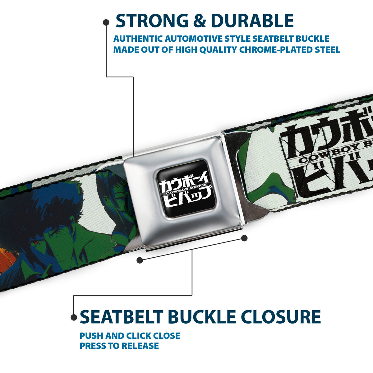 COWBOY BEBOP Title Logo Full Color Black/White Seatbelt Belt - COWBOY BEBOP Crew Group Pose and Title Logo White/Black/Greens Webbing Seatbelt Belts Cowboy Bebop