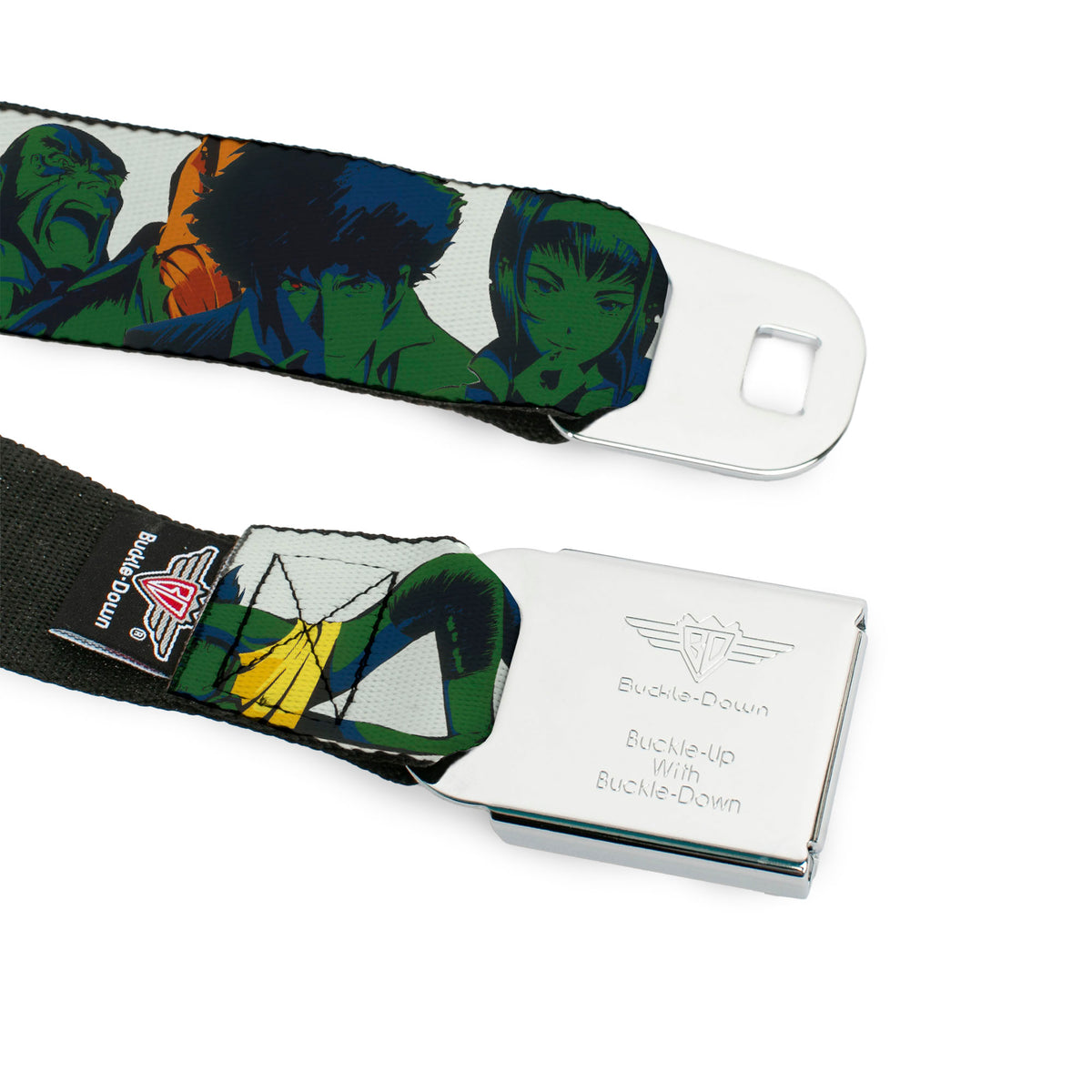 COWBOY BEBOP Title Logo Full Color Black/White Seatbelt Belt - COWBOY BEBOP Crew Group Pose and Title Logo White/Black/Greens Webbing Seatbelt Belts Cowboy Bebop