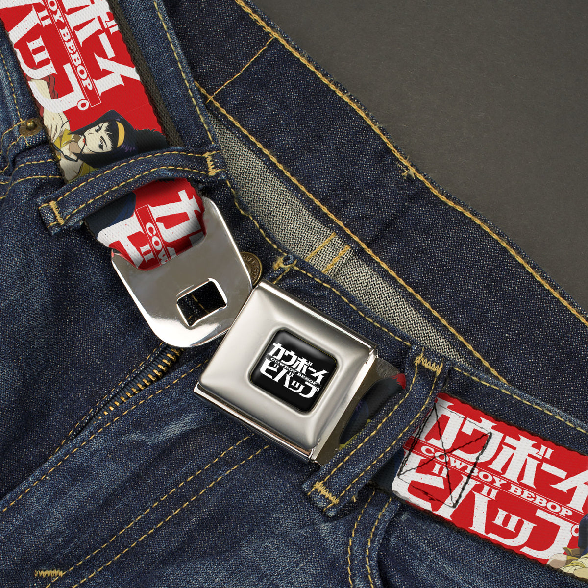 COWBOY BEBOP Title Logo Full Color Black/White Seatbelt Belt - COWBOY BEBOP Spike and Faye Back to Back Pose and Title Logo Red/White Webbing Seatbelt Belts Cowboy Bebop
