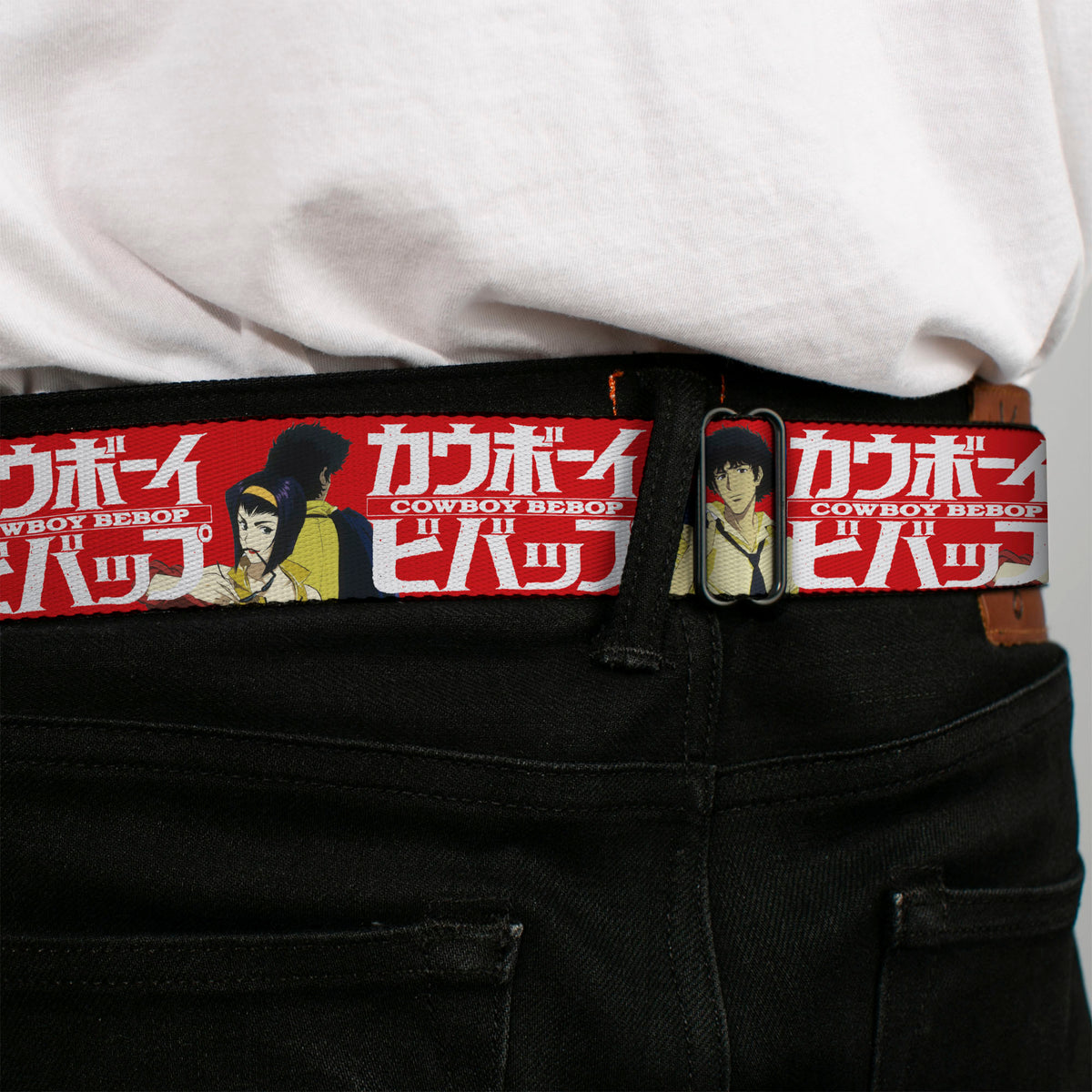COWBOY BEBOP Title Logo Full Color Black/White Seatbelt Belt - COWBOY BEBOP Spike and Faye Back to Back Pose and Title Logo Red/White Webbing Seatbelt Belts Cowboy Bebop