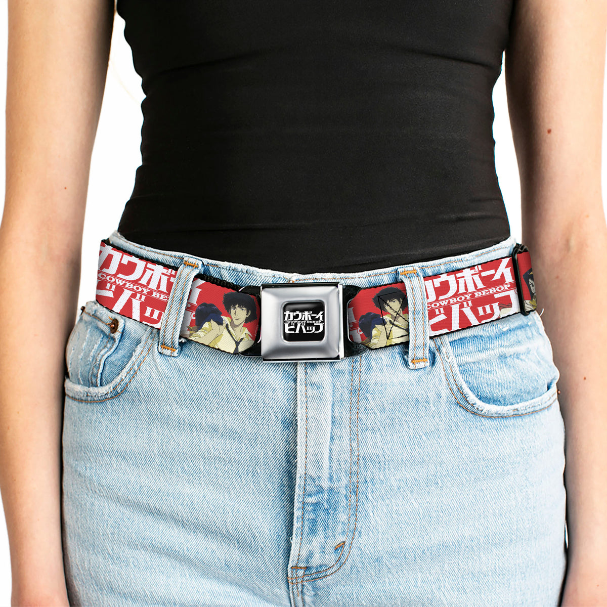 COWBOY BEBOP Title Logo Full Color Black/White Seatbelt Belt - COWBOY BEBOP Spike and Faye Back to Back Pose and Title Logo Red/White Webbing Seatbelt Belts Cowboy Bebop