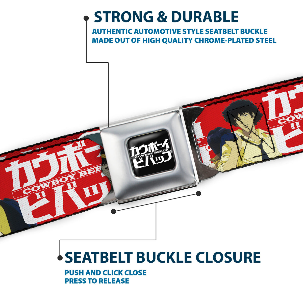 COWBOY BEBOP Title Logo Full Color Black/White Seatbelt Belt - COWBOY BEBOP Spike and Faye Back to Back Pose and Title Logo Red/White Webbing Seatbelt Belts Cowboy Bebop