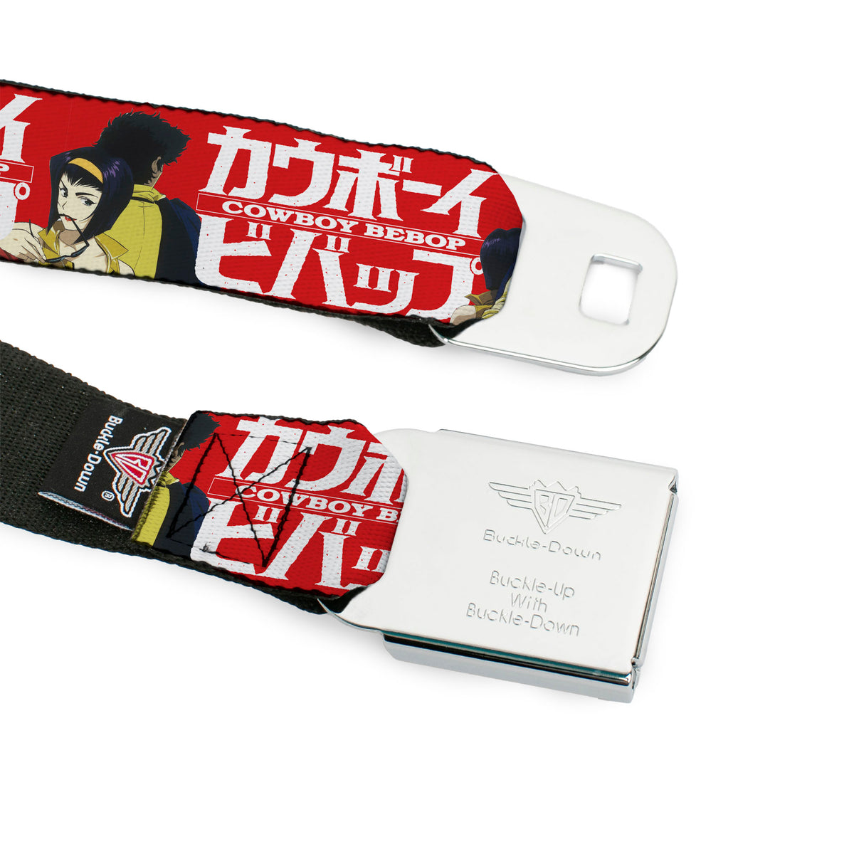 COWBOY BEBOP Title Logo Full Color Black/White Seatbelt Belt - COWBOY BEBOP Spike and Faye Back to Back Pose and Title Logo Red/White Webbing Seatbelt Belts Cowboy Bebop