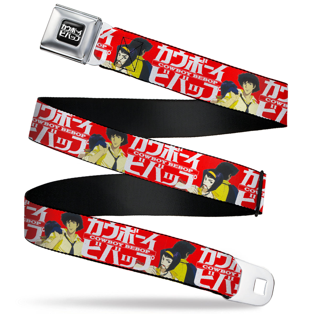 COWBOY BEBOP Title Logo Full Color Black/White Seatbelt Belt - COWBOY BEBOP Spike and Faye Back to Back Pose and Title Logo Red/White Webbing Seatbelt Belts Cowboy Bebop