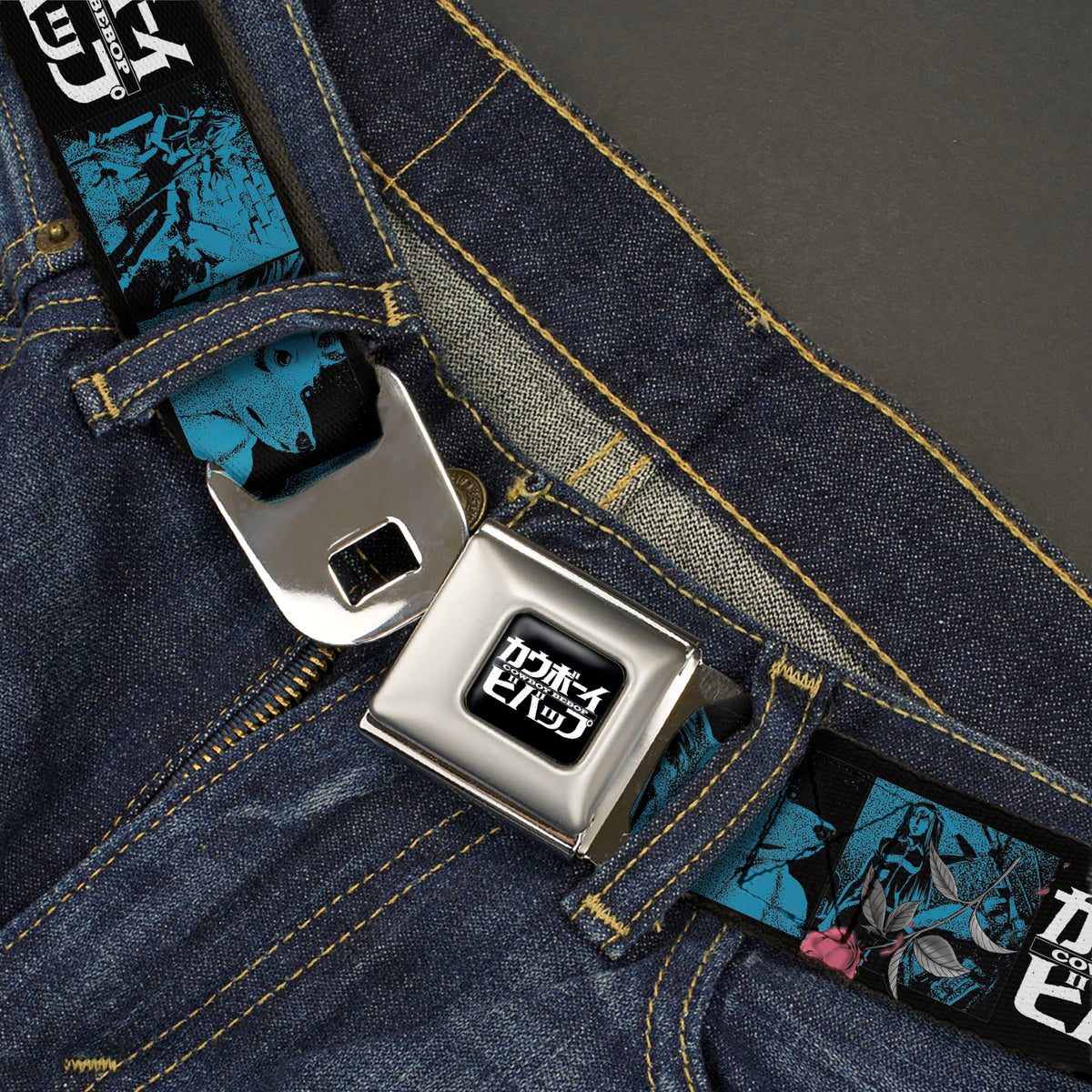 COWBOY BEBOP Title Logo Full Color Black/White Seatbelt Belt - COWBOY BEBOP Title Logo and Character Blocks Black/Blues Webbing Seatbelt Belts Cowboy Bebop