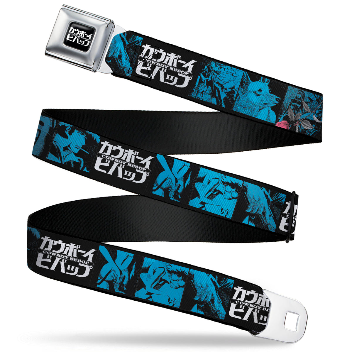 COWBOY BEBOP Title Logo Full Color Black/White Seatbelt Belt - COWBOY BEBOP Title Logo and Character Blocks Black/Blues Webbing Seatbelt Belts Cowboy Bebop