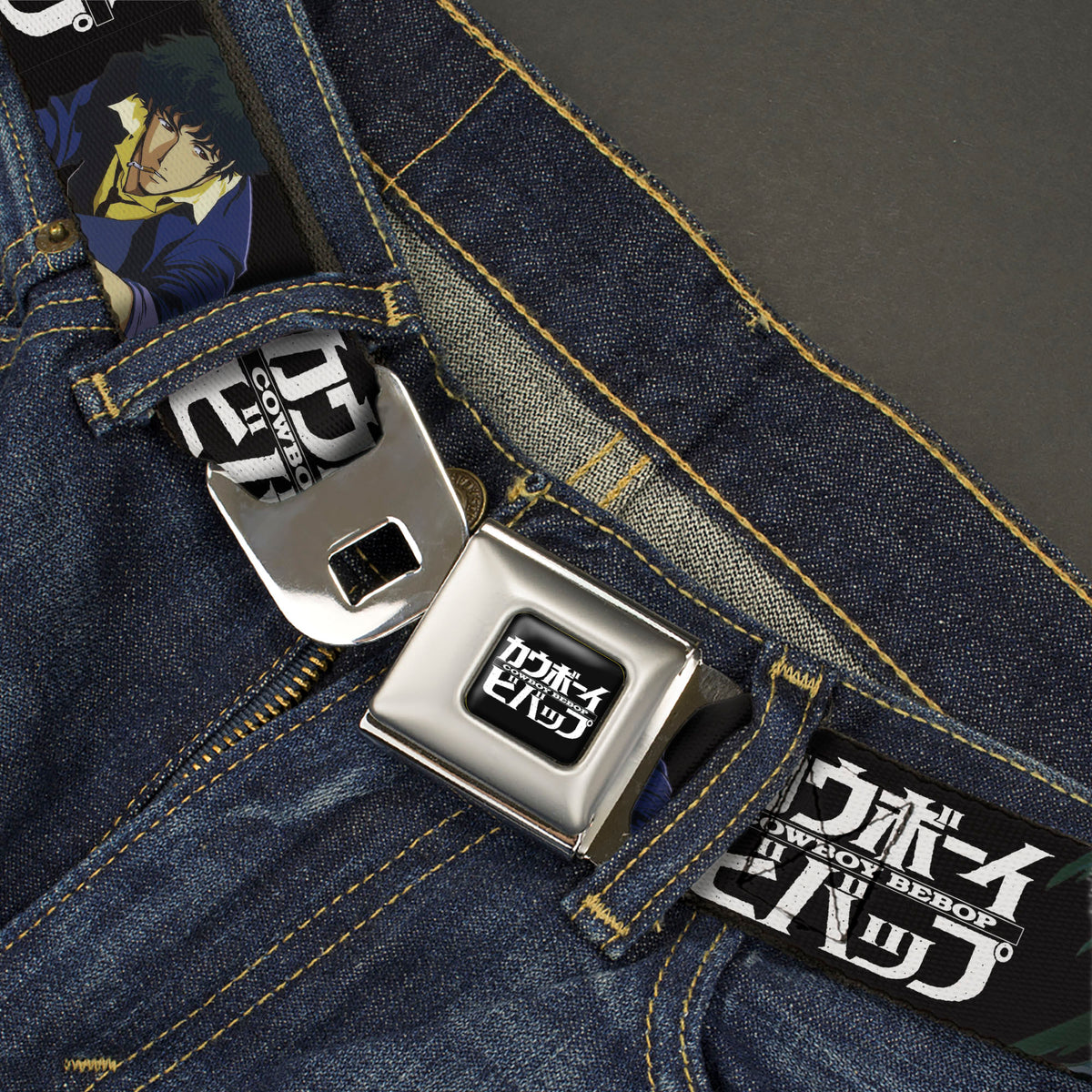 COWBOY BEBOP Title Logo Full Color Black/White Seatbelt Belt - COWBOY BEBOP Spike and Vicious Pose and Title Logo Black/Blues Webbing Seatbelt Belts Cowboy Bebop