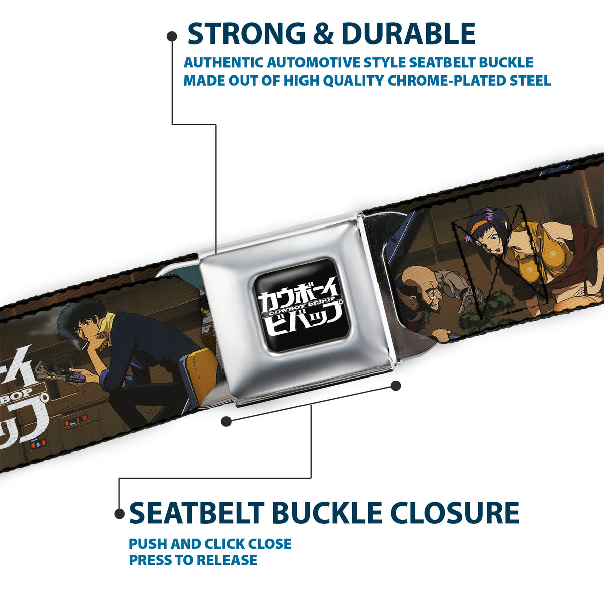 COWBOY BEBOP Title Logo Full Color Black/White Seatbelt Belt - COWBOY BEBOP Jet Black and Crew Bonsai Tree Scene and Title Logo Webbing Seatbelt Belts Cowboy Bebop