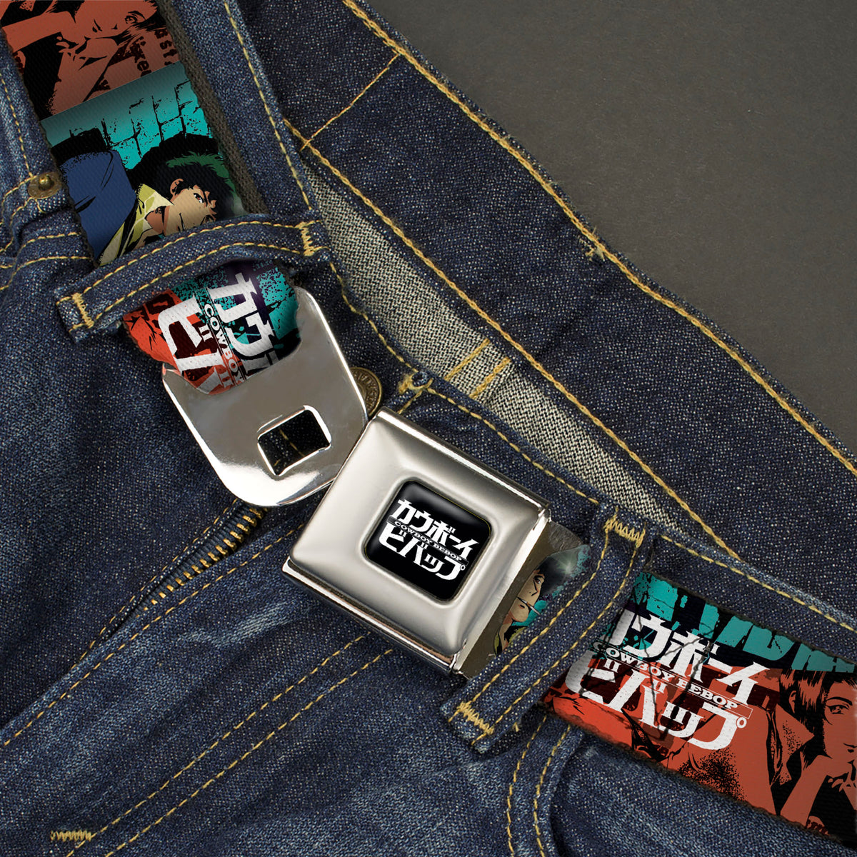 COWBOY BEBOP Title Logo Full Color Black/White Seatbelt Belt - COWBOY BEBOP Spike and Faye Brick Pose and Title Logo Blues/Reds Webbing Seatbelt Belts Cowboy Bebop