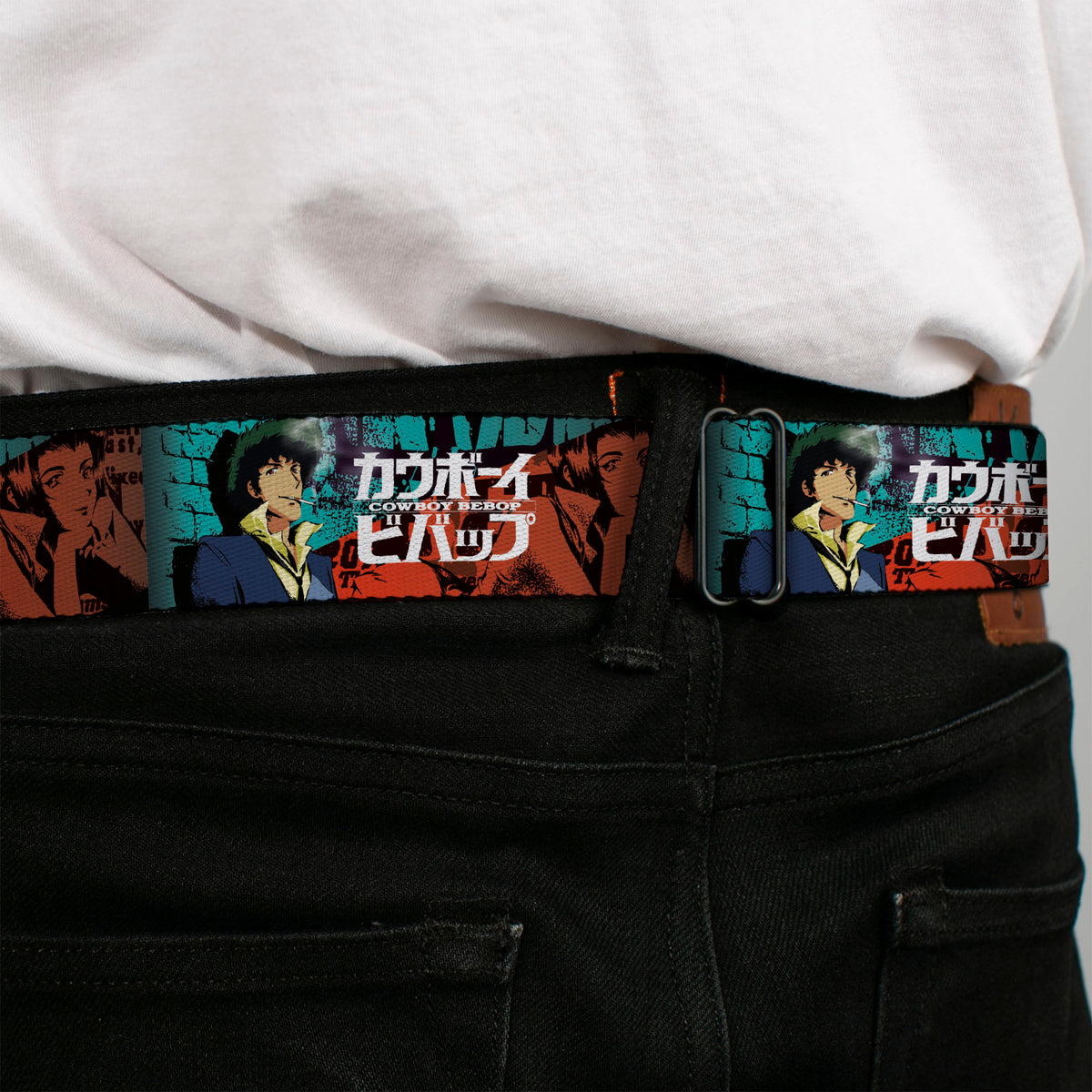 COWBOY BEBOP Title Logo Full Color Black/White Seatbelt Belt - COWBOY BEBOP Spike and Faye Brick Pose and Title Logo Blues/Reds Webbing Seatbelt Belts Cowboy Bebop