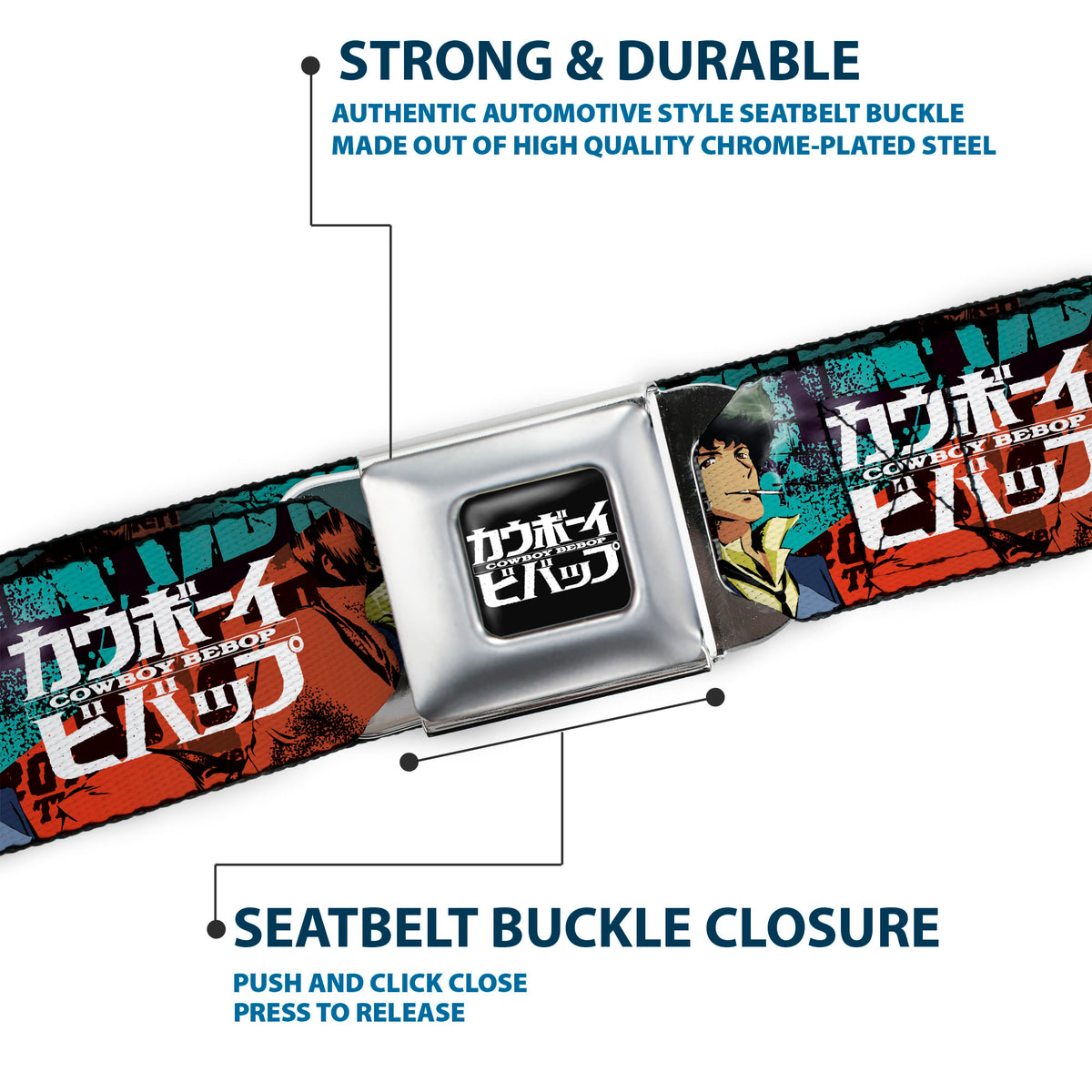 COWBOY BEBOP Title Logo Full Color Black/White Seatbelt Belt - COWBOY BEBOP Spike and Faye Brick Pose and Title Logo Blues/Reds Webbing Seatbelt Belts Cowboy Bebop