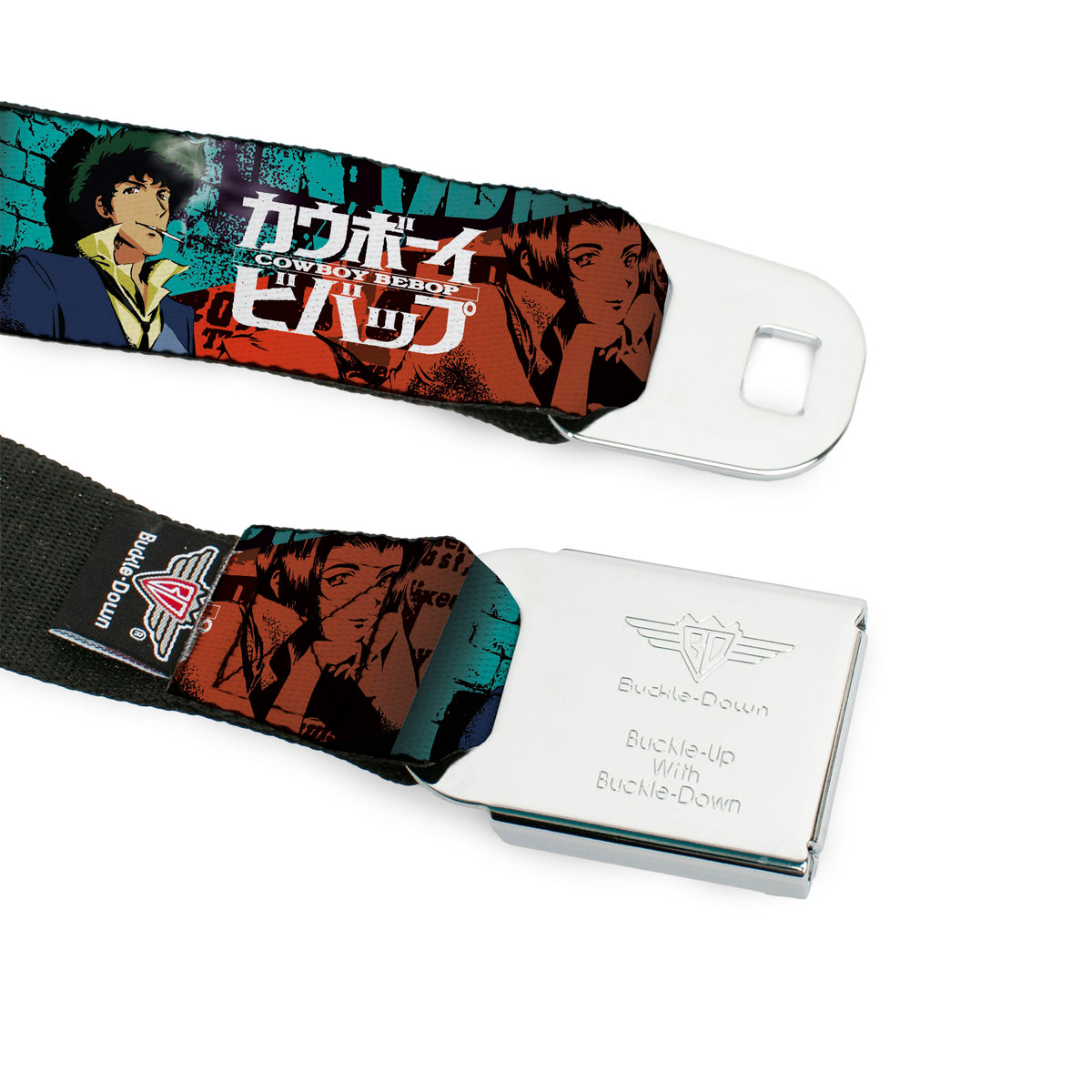 COWBOY BEBOP Title Logo Full Color Black/White Seatbelt Belt - COWBOY BEBOP Spike and Faye Brick Pose and Title Logo Blues/Reds Webbing Seatbelt Belts Cowboy Bebop