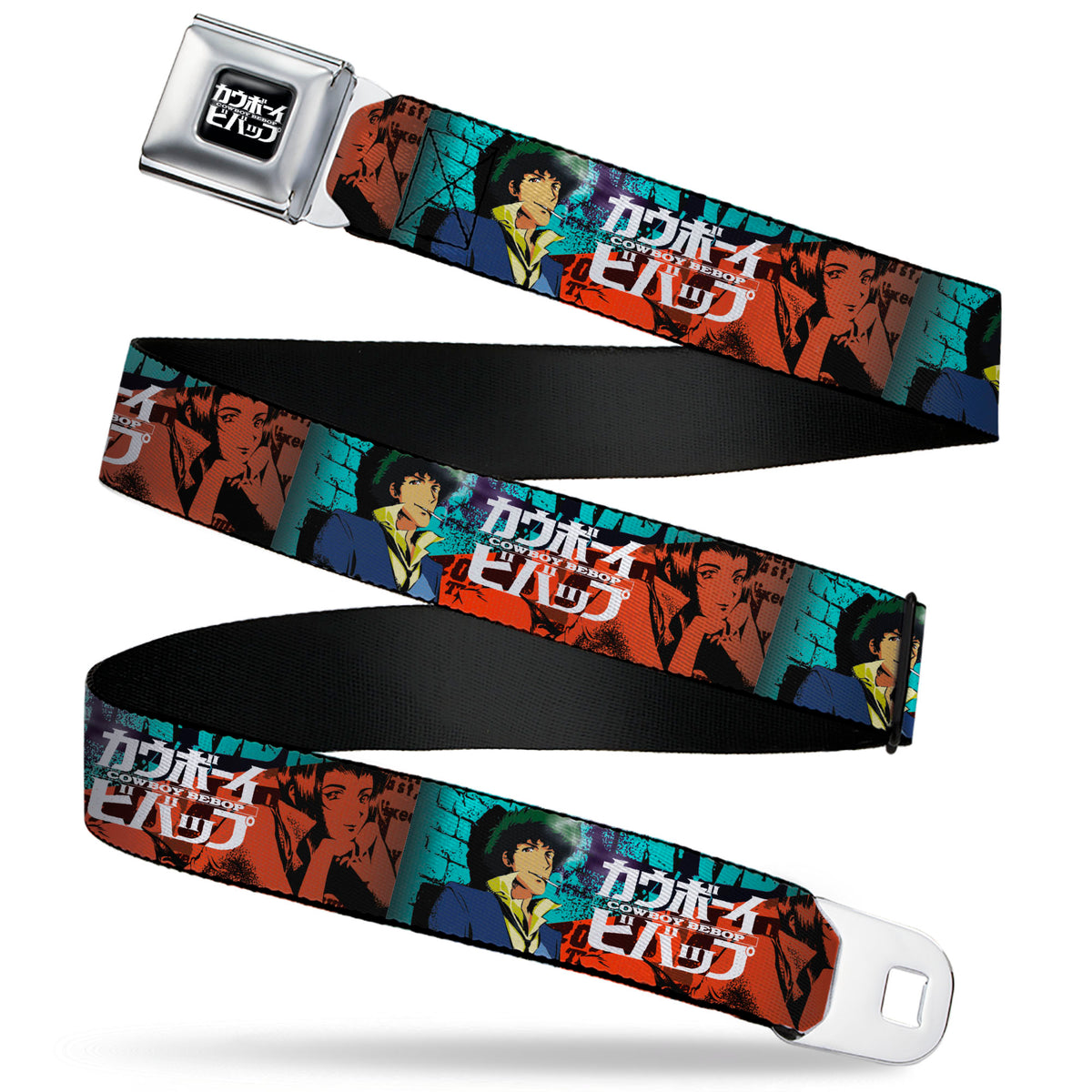 COWBOY BEBOP Title Logo Full Color Black/White Seatbelt Belt - COWBOY BEBOP Spike and Faye Brick Pose and Title Logo Blues/Reds Webbing Seatbelt Belts Cowboy Bebop