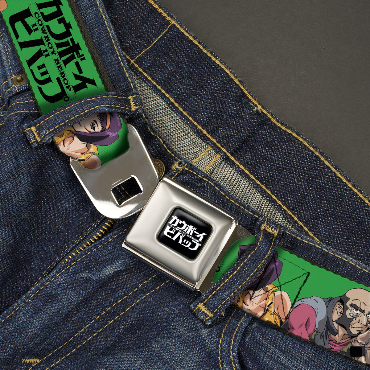 COWBOY BEBOP Title Logo Full Color Black/White Seatbelt Belt - COWBOY BEBOP Crew Group Pose and Title Logo Green/Black Webbing Seatbelt Belts Cowboy Bebop