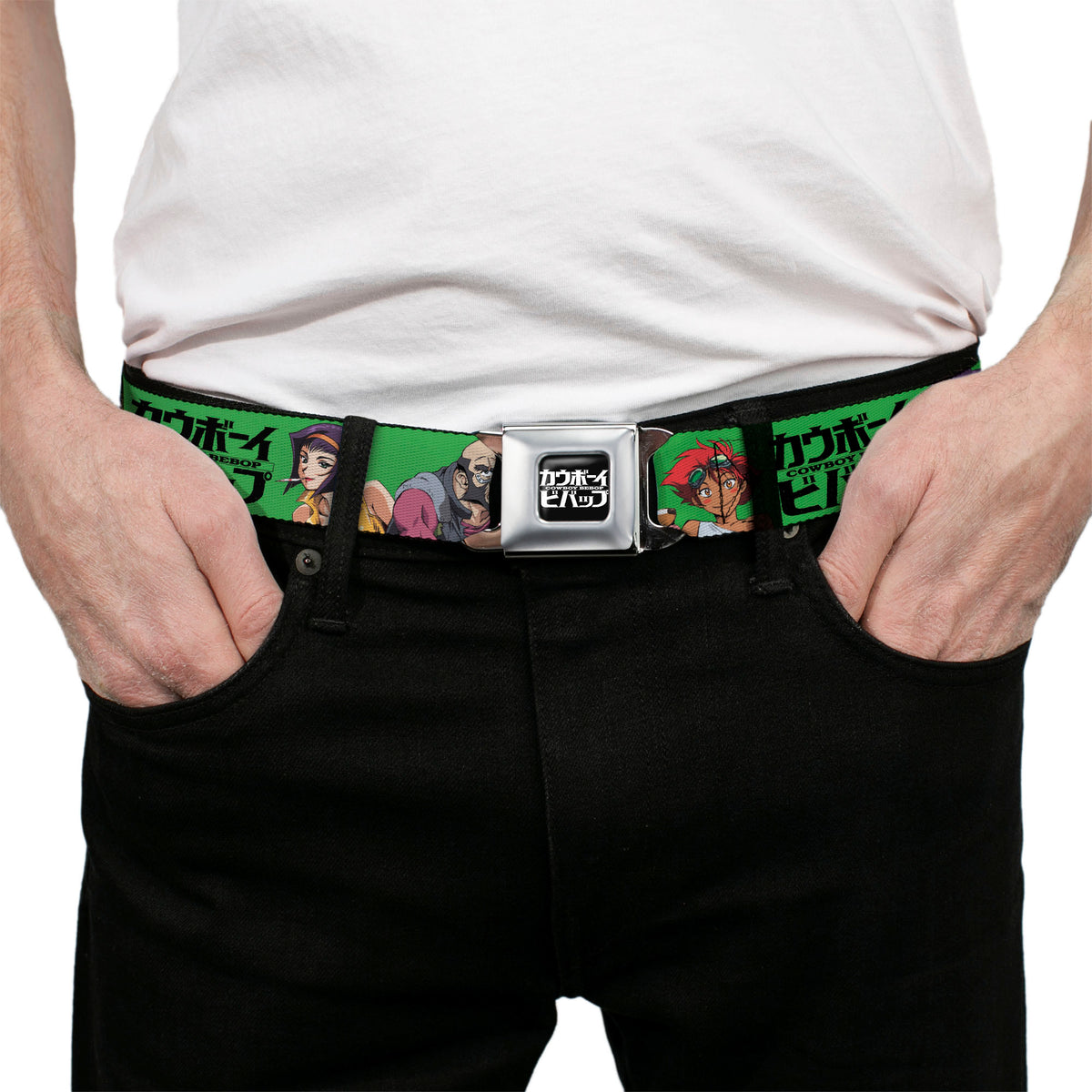COWBOY BEBOP Title Logo Full Color Black/White Seatbelt Belt - COWBOY BEBOP Crew Group Pose and Title Logo Green/Black Webbing Seatbelt Belts Cowboy Bebop
