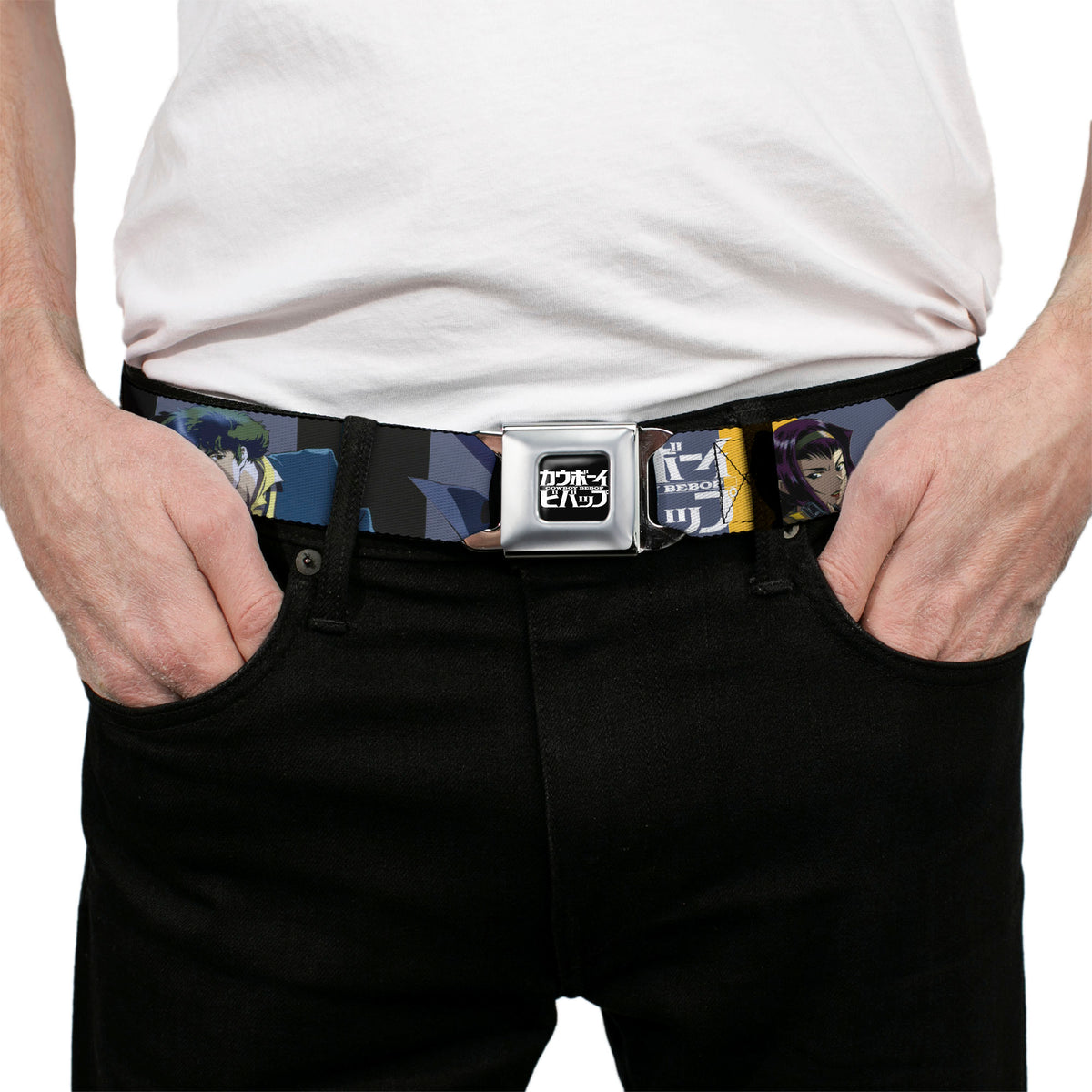 COWBOY BEBOP Title Logo Full Color Black/White Seatbelt Belt - COWBOY BEBOP Spike Vicious and Faye Pose and Title Logo Blues/Yellow Webbing Seatbelt Belts Cowboy Bebop