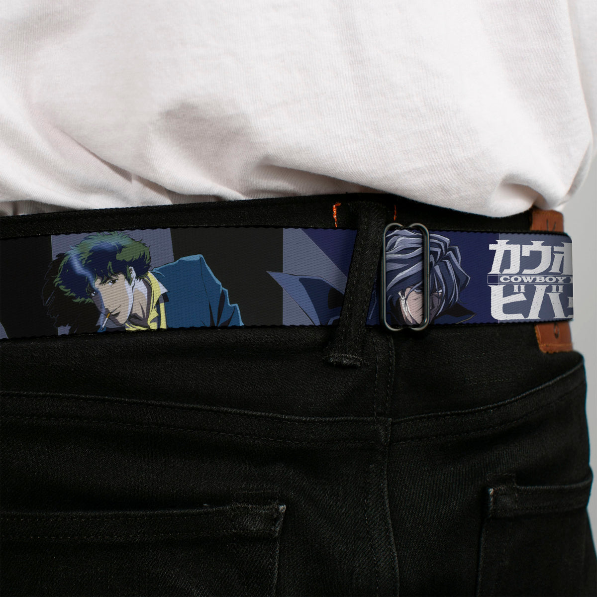 COWBOY BEBOP Title Logo Full Color Black/White Seatbelt Belt - COWBOY BEBOP Spike Vicious and Faye Pose and Title Logo Blues/Yellow Webbing Seatbelt Belts Cowboy Bebop