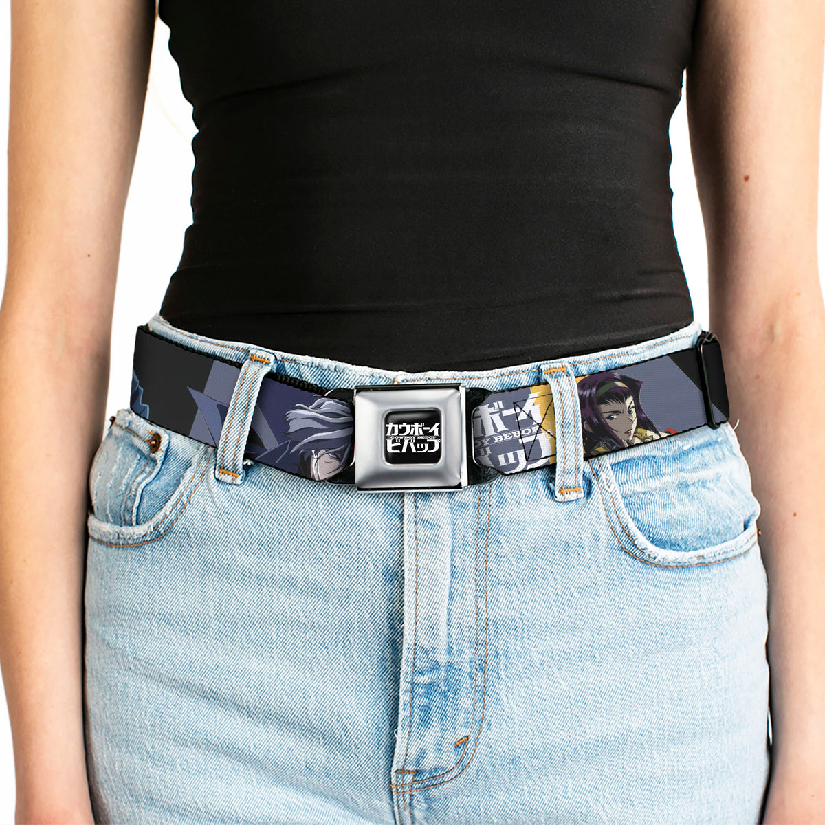 COWBOY BEBOP Title Logo Full Color Black/White Seatbelt Belt - COWBOY BEBOP Spike Vicious and Faye Pose and Title Logo Blues/Yellow Webbing Seatbelt Belts Cowboy Bebop