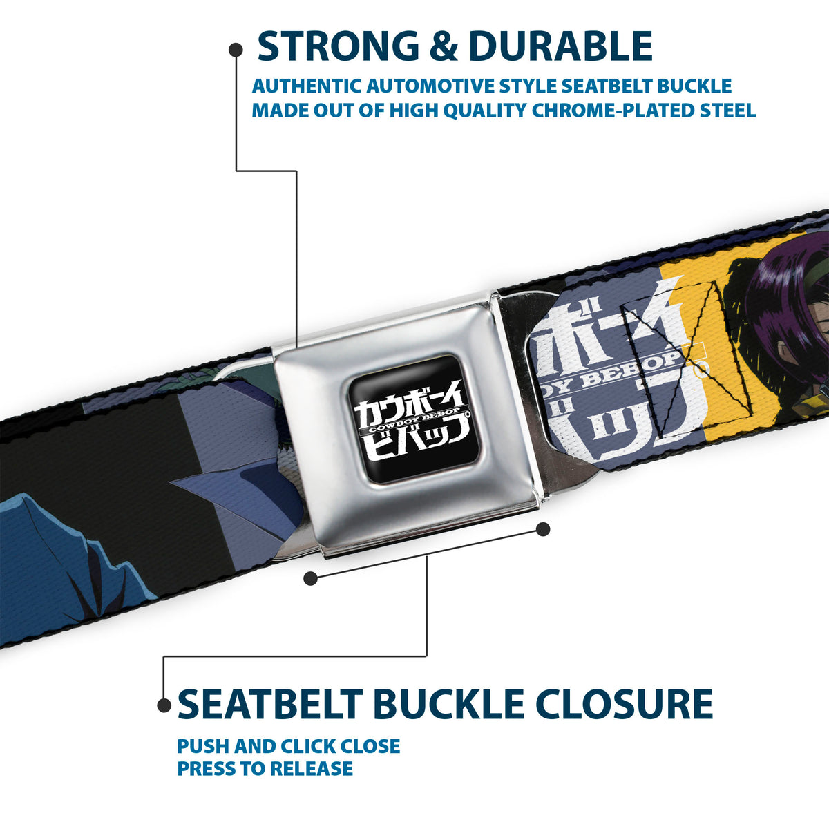 COWBOY BEBOP Title Logo Full Color Black/White Seatbelt Belt - COWBOY BEBOP Spike Vicious and Faye Pose and Title Logo Blues/Yellow Webbing Seatbelt Belts Cowboy Bebop
