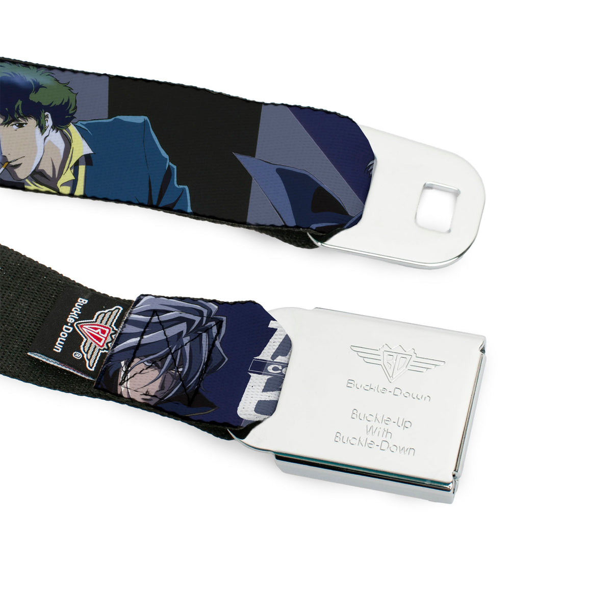COWBOY BEBOP Title Logo Full Color Black/White Seatbelt Belt - COWBOY BEBOP Spike Vicious and Faye Pose and Title Logo Blues/Yellow Webbing Seatbelt Belts Cowboy Bebop