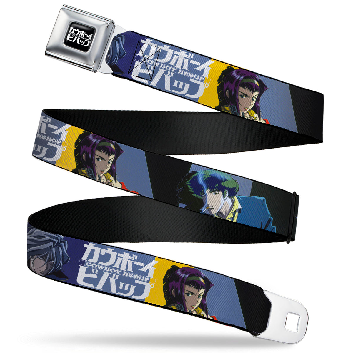 COWBOY BEBOP Title Logo Full Color Black/White Seatbelt Belt - COWBOY BEBOP Spike Vicious and Faye Pose and Title Logo Blues/Yellow Webbing Seatbelt Belts Cowboy Bebop