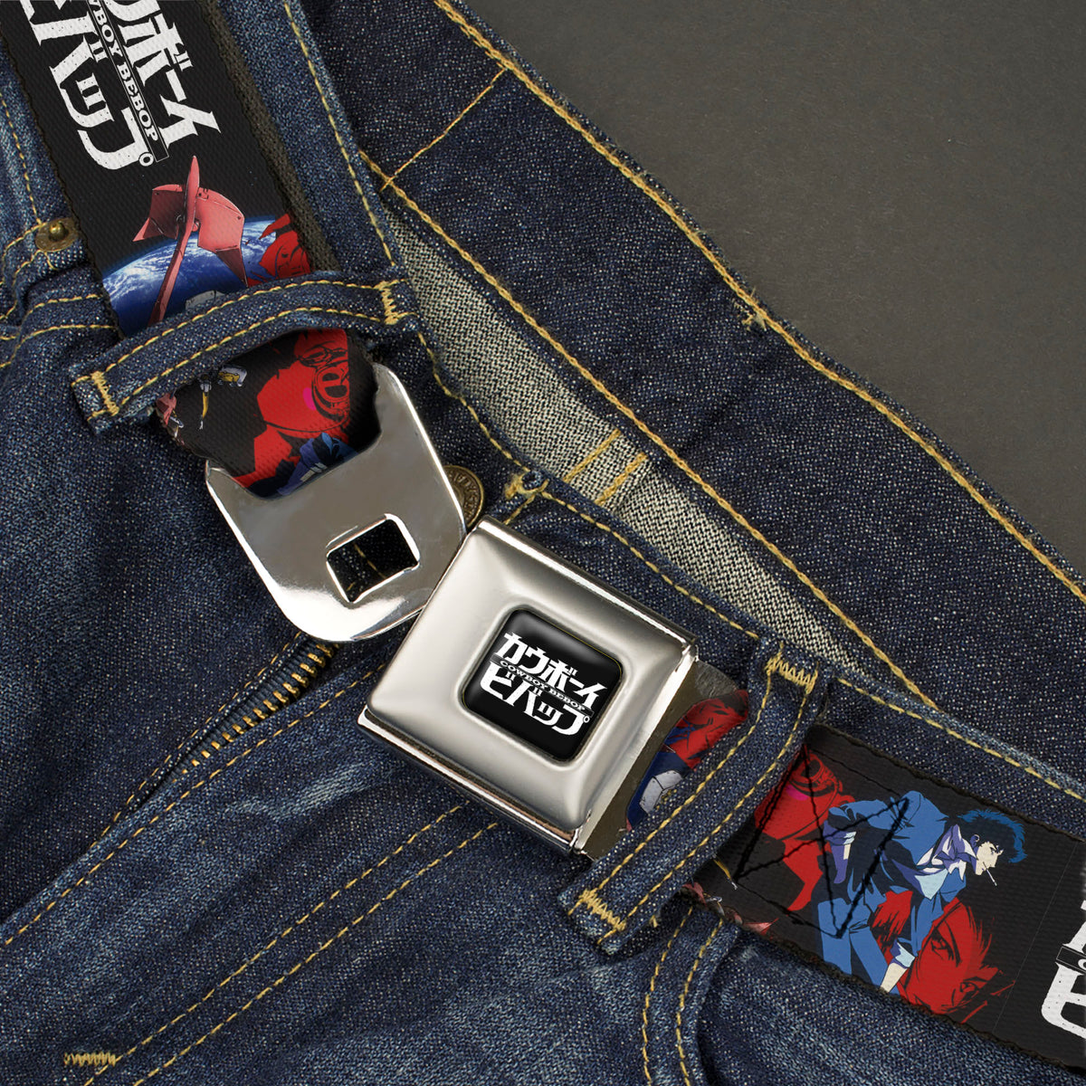 COWBOY BEBOP Title Logo Full Color Black/White Seatbelt Belt - COWBOY BEBOP Spike Pose and Crew Collage and Title Logo Black Webbing Seatbelt Belts Cowboy Bebop