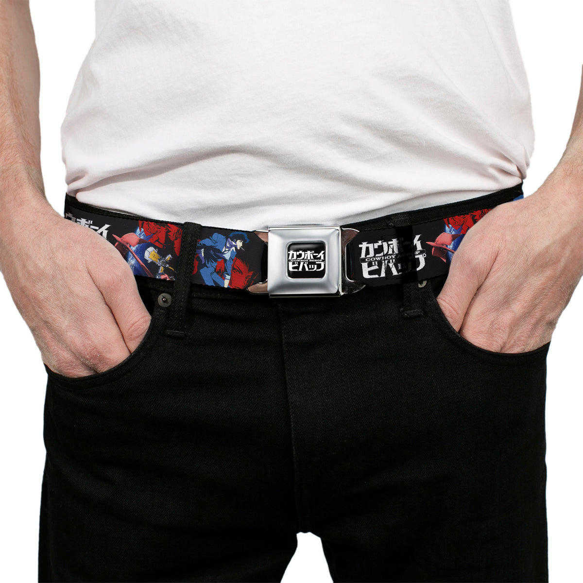 COWBOY BEBOP Title Logo Full Color Black/White Seatbelt Belt - COWBOY BEBOP Spike Pose and Crew Collage and Title Logo Black Webbing Seatbelt Belts Cowboy Bebop