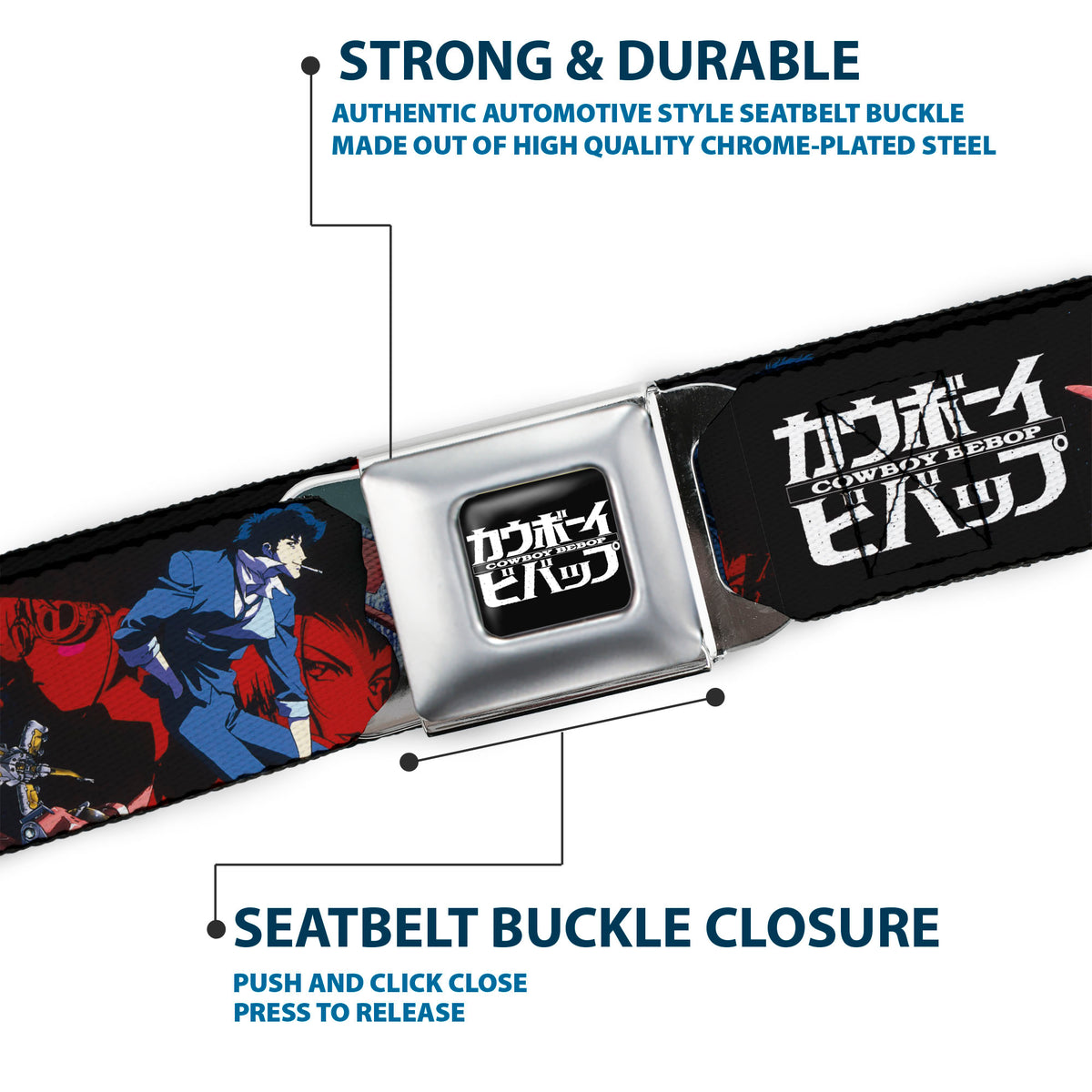 COWBOY BEBOP Title Logo Full Color Black/White Seatbelt Belt - COWBOY BEBOP Spike Pose and Crew Collage and Title Logo Black Webbing Seatbelt Belts Cowboy Bebop
