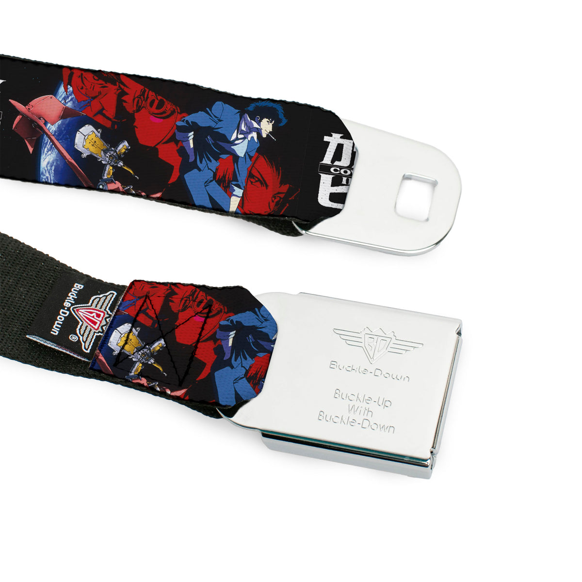 COWBOY BEBOP Title Logo Full Color Black/White Seatbelt Belt - COWBOY BEBOP Spike Pose and Crew Collage and Title Logo Black Webbing Seatbelt Belts Cowboy Bebop