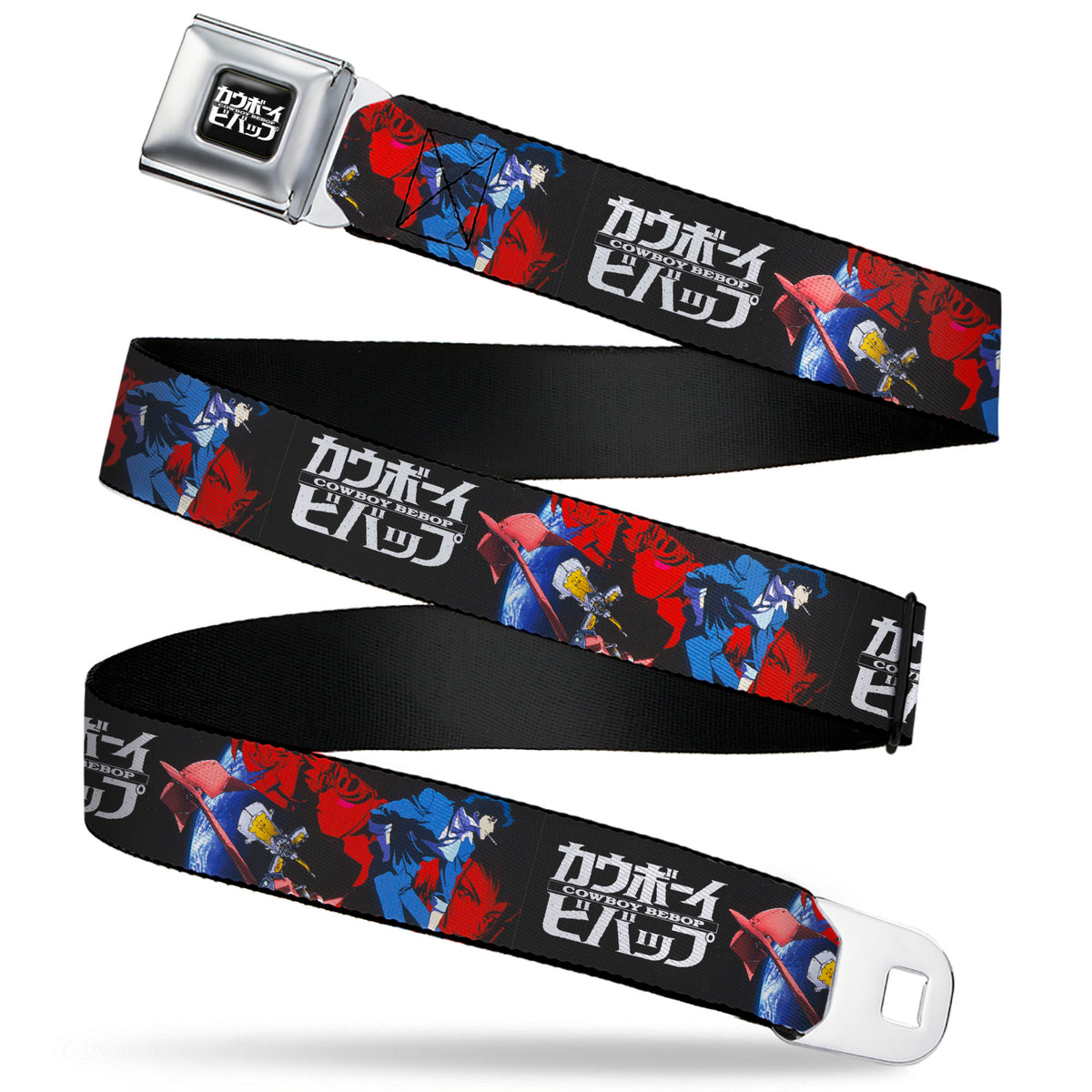COWBOY BEBOP Title Logo Full Color Black/White Seatbelt Belt - COWBOY BEBOP Spike Pose and Crew Collage and Title Logo Black Webbing Seatbelt Belts Cowboy Bebop