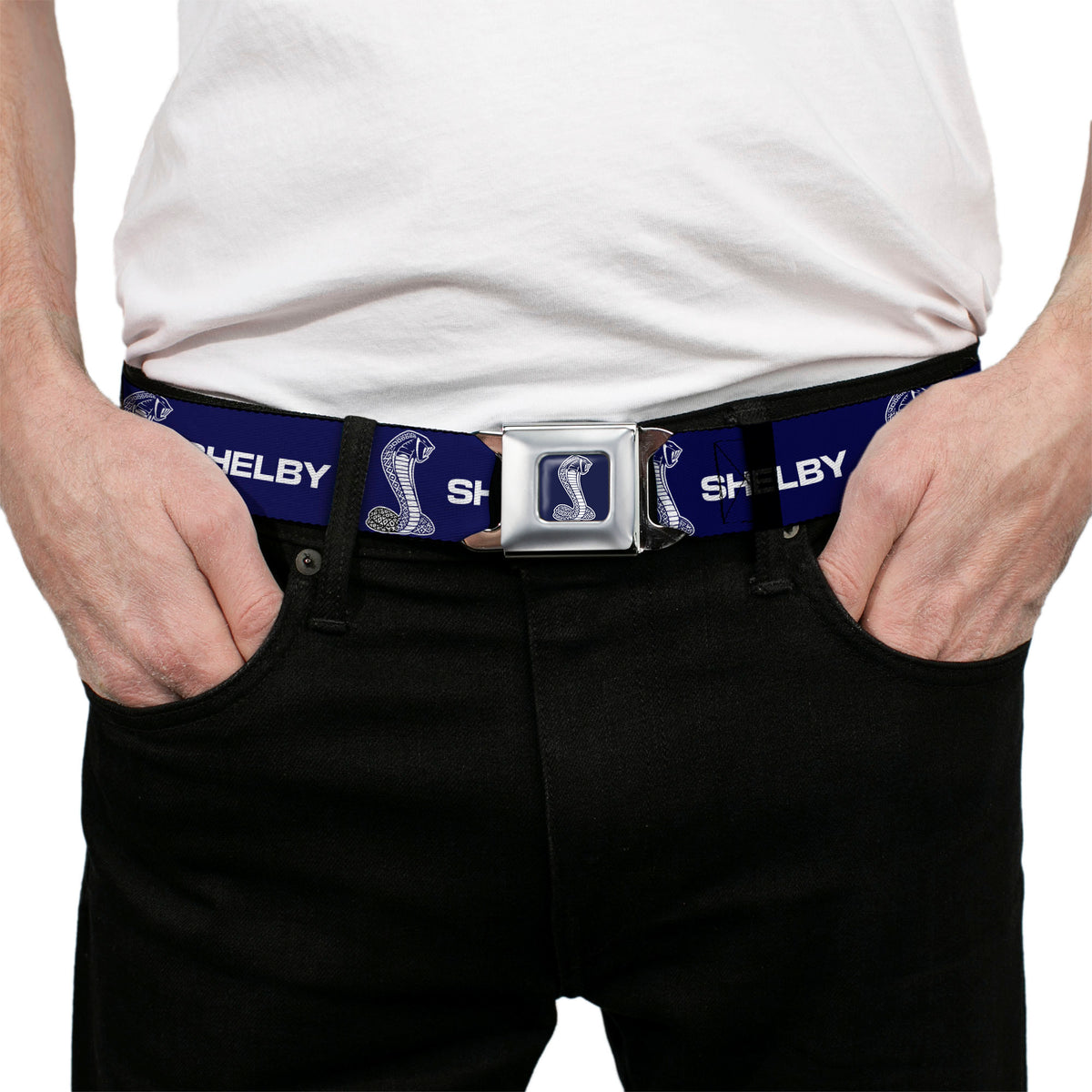 Carroll Shelby Super Snake Cobra Navy/White Seatbelt Belt - SHELBY Super Snake Cobra Navy/White Webbing Seatbelt Belts Shelby