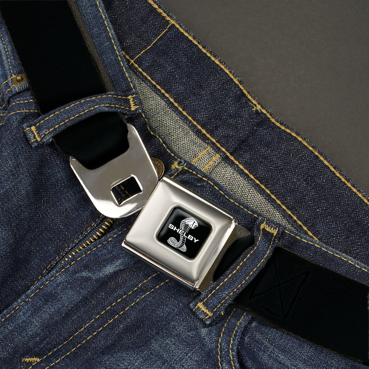 Carroll Shelby Cobra Split Full Color Black White Seatbelt Belt - Carroll Shelby Cobra Black Webbing Seatbelt Belts Shelby