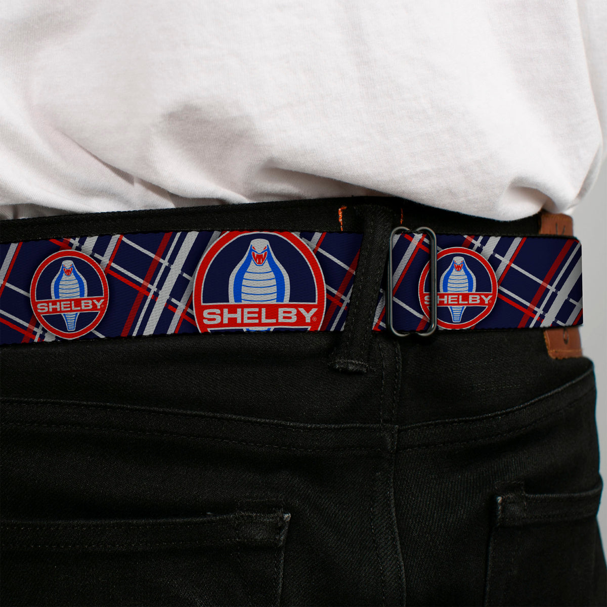 SHELBY Cobra Full Color Black Gray Red Blue Seatbelt Belt - SHELBY Cobra/Plaid X Navy/Gray/Red Webbing Seatbelt Belts Shelby