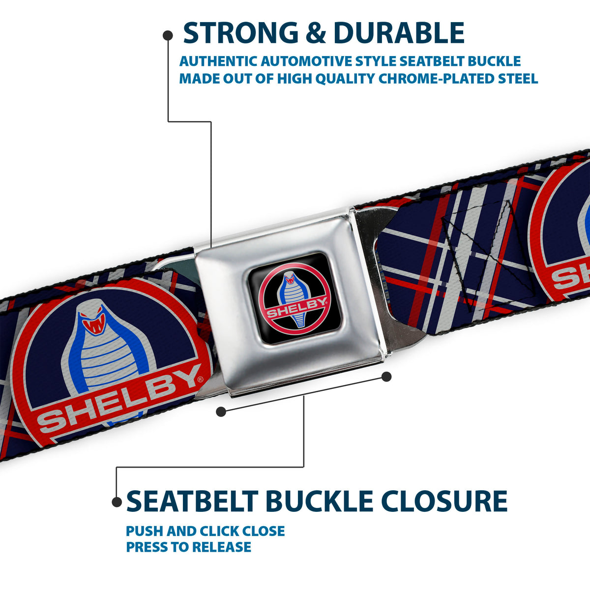 SHELBY Cobra Full Color Black Gray Red Blue Seatbelt Belt - SHELBY Cobra/Plaid X Navy/Gray/Red Webbing Seatbelt Belts Shelby