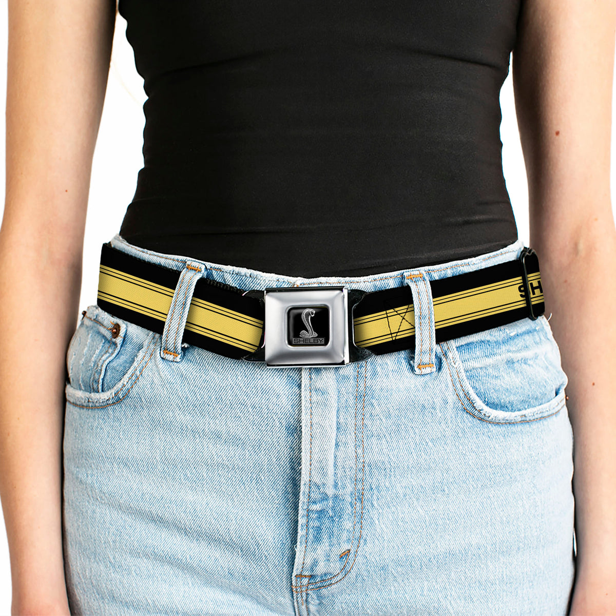 SHELBY Tiffany Box Full Color Black Silver-Fade Seatbelt Belt - SHELBY GT 500/Cobra Box Stripe Black/Yellow Webbing Seatbelt Belts Shelby