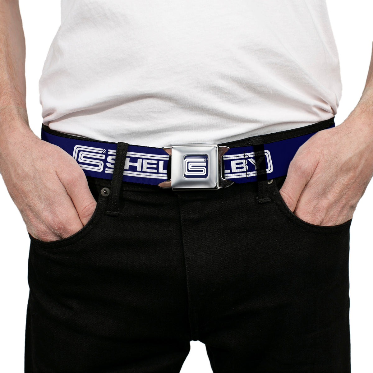 Carroll Shelby CS Racing Logo Full Color Navy/White Seatbelt Belt - Carroll Shelby CS SHELBY Racing Logo Block Navy/White Webbing Seatbelt Belts Shelby