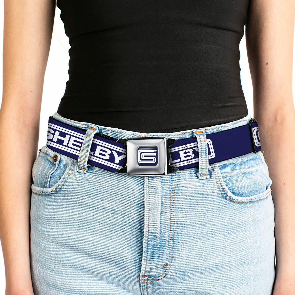 Carroll Shelby CS Racing Logo Full Color Navy/White Seatbelt Belt - Carroll Shelby CS SHELBY Racing Logo Block Navy/White Webbing Seatbelt Belts Shelby