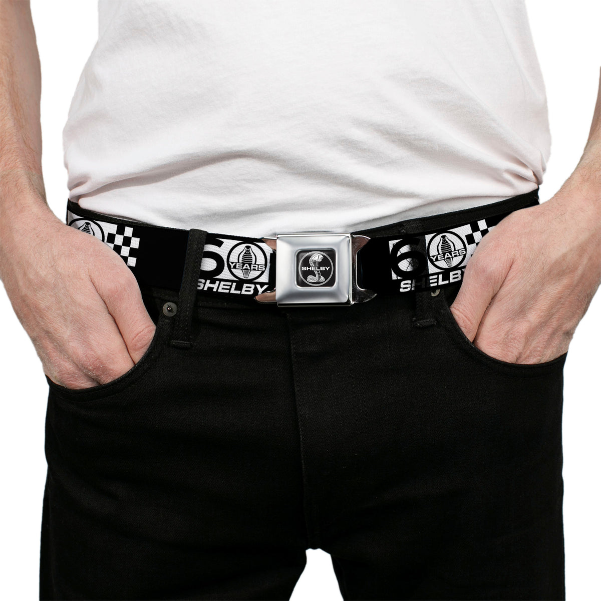 SHELBY Tiffany Split Full Color Black/White Seatbelt Belt - SHELBY 60 YEARS SINCE 1962 Checker Black/White Webbing Seatbelt Belts Shelby