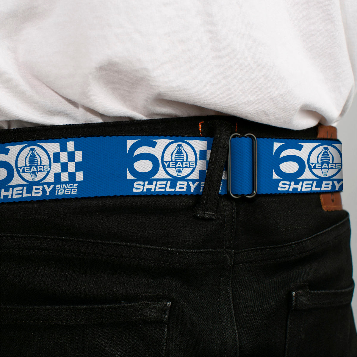 SHELBY Tiffany Split Full Color Black/White Seatbelt Belt - SHELBY 60 YEARS SINCE 1962 Checker Blue/White Webbing Seatbelt Belts Shelby