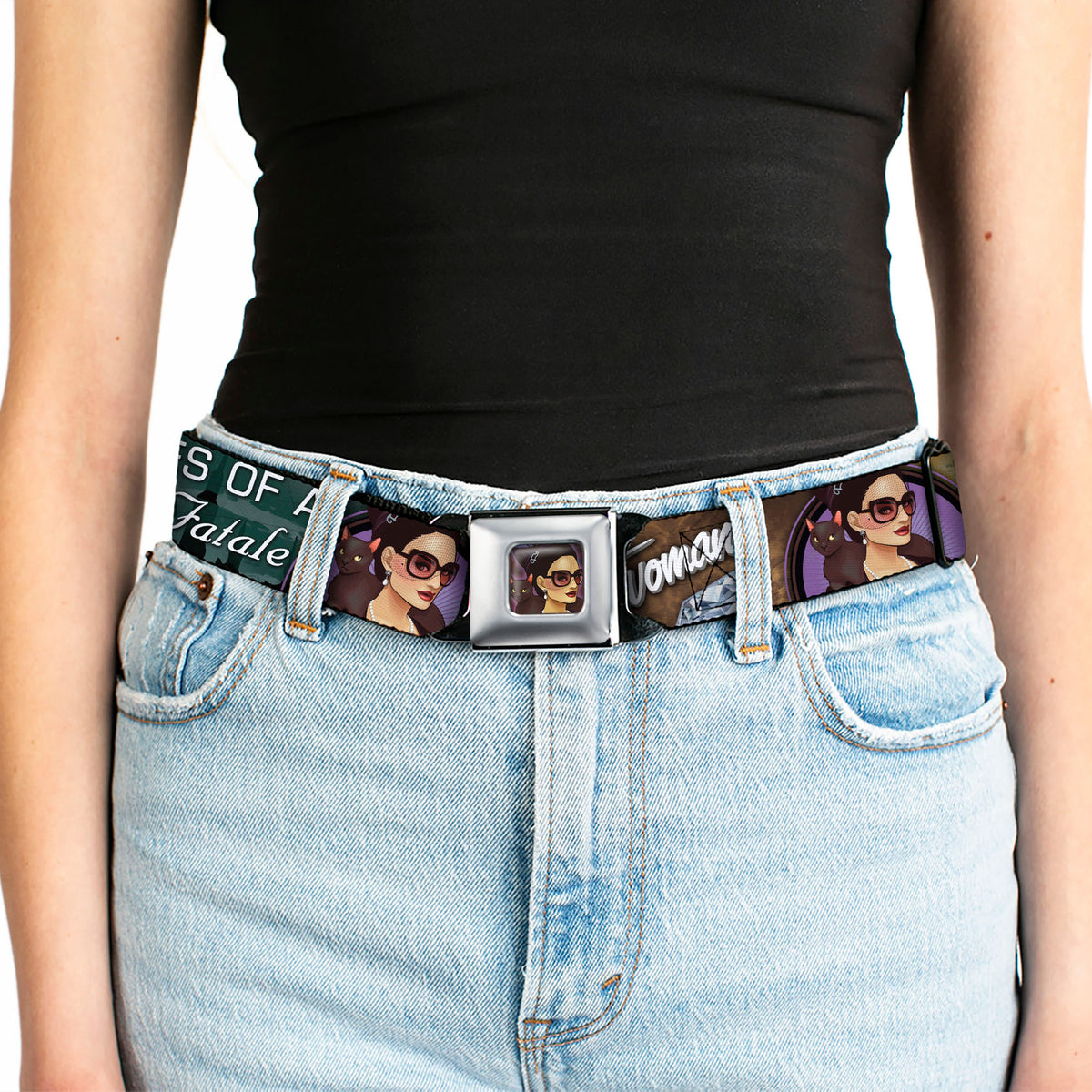 CATWOMAN Bombshell Face Full Color Purple Seatbelt Belt - CATWOMAN-NINE LIVES OF A FELINE FATALE Bombshell Pose/Diamonds Webbing Seatbelt Belts DC Comics