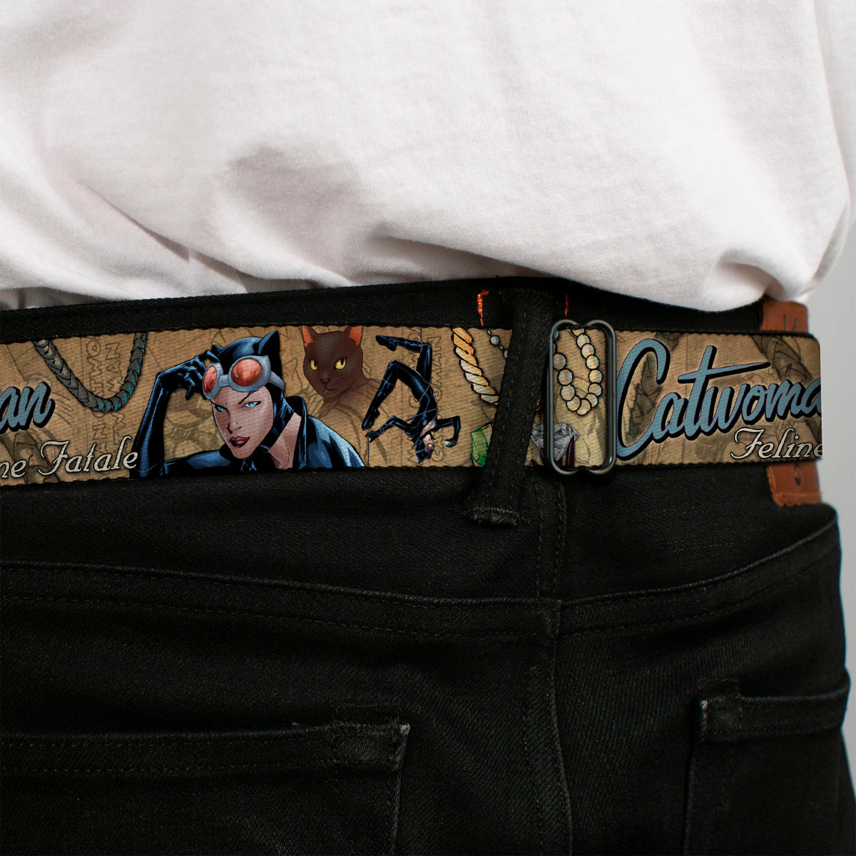 Catwoman Diamond Full Color Tans Seatbelt Belt - CATWOMAN-NINE LIVES OF A FELINE FATALE Pose2/Jewelry/Black Cat Tans Webbing Seatbelt Belts DC Comics