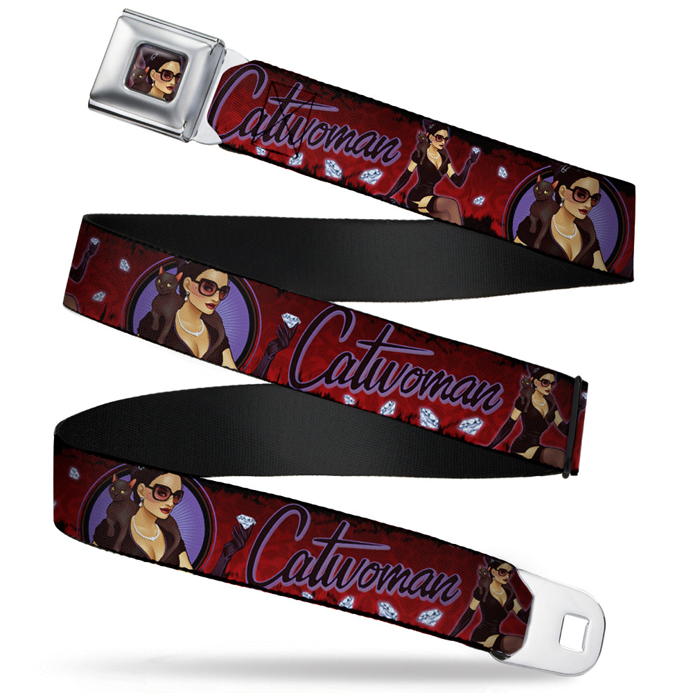 CATWOMAN Bombshell Face CLOSE-UP Full Color Red Seatbelt Belt - CATWOMAN Bombshell Pose/Diamonds Red/Purple/Black Webbing Seatbelt Belts DC Comics