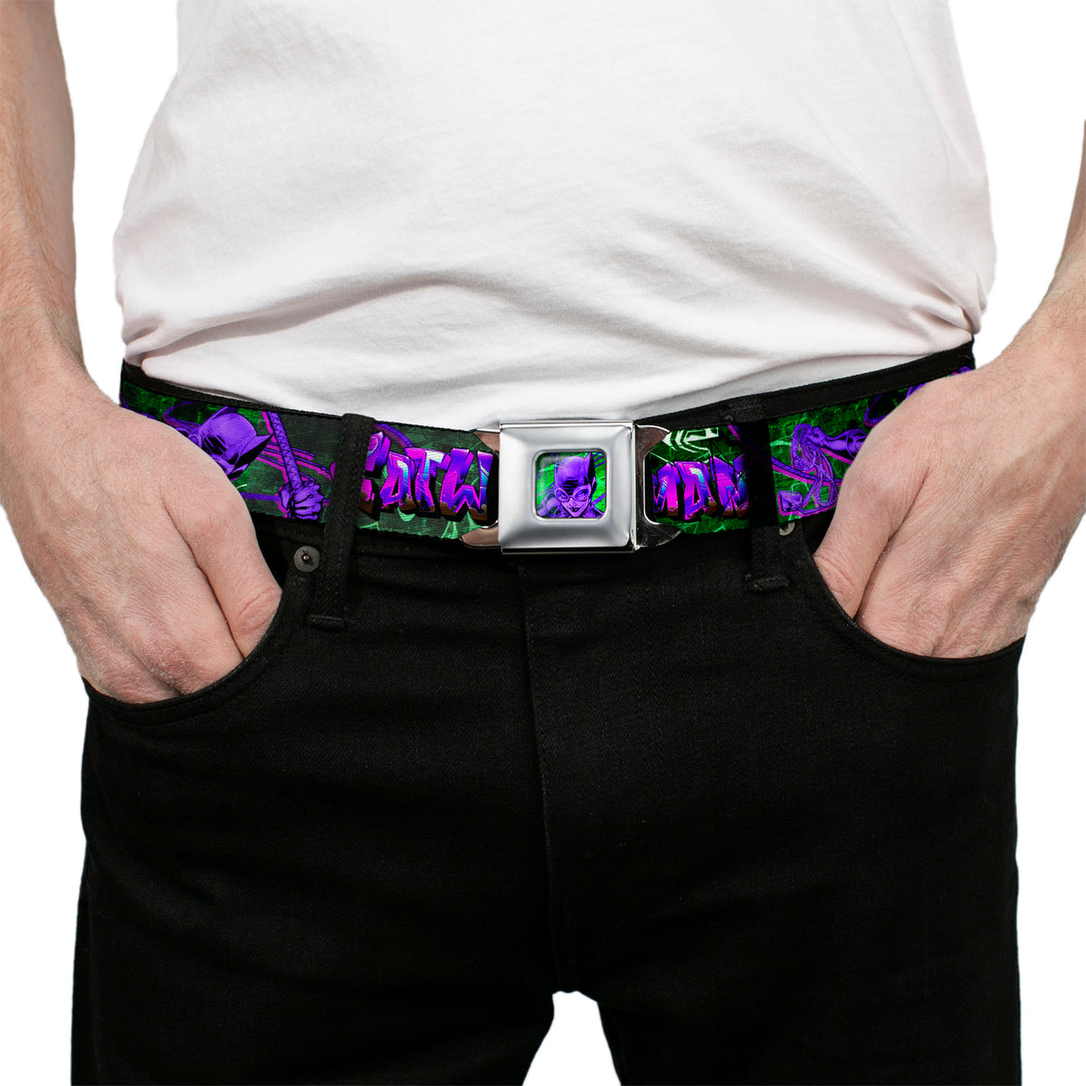 Catwoman Whip Pose Face CLOSE-UP Full Color Black Greens Purples Seatbelt Belt - CATWOMAN Whip Pose/Graffiti Black/Greens/Purples Webbing Seatbelt Belts DC Comics