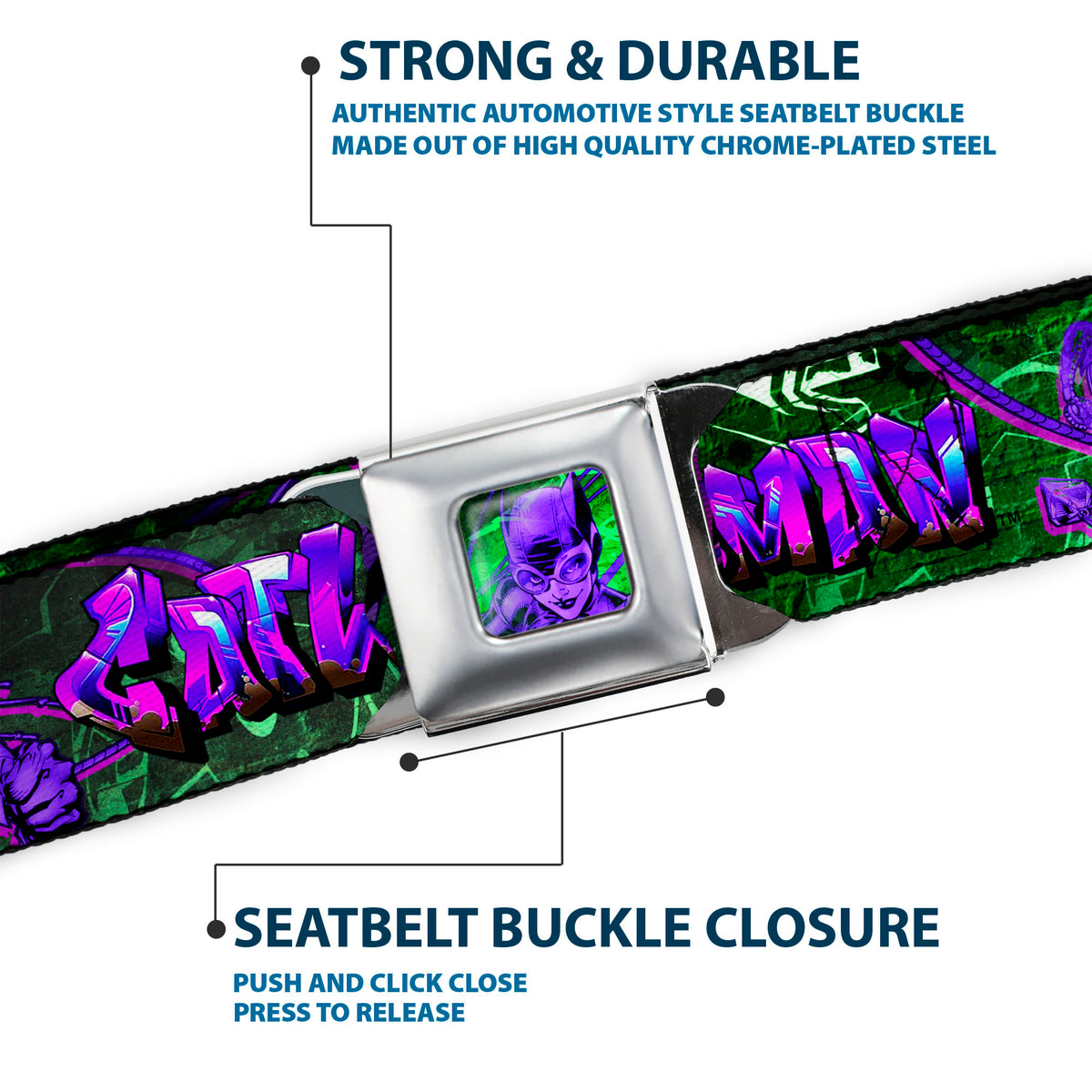 Catwoman Whip Pose Face CLOSE-UP Full Color Black Greens Purples Seatbelt Belt - CATWOMAN Whip Pose/Graffiti Black/Greens/Purples Webbing Seatbelt Belts DC Comics
