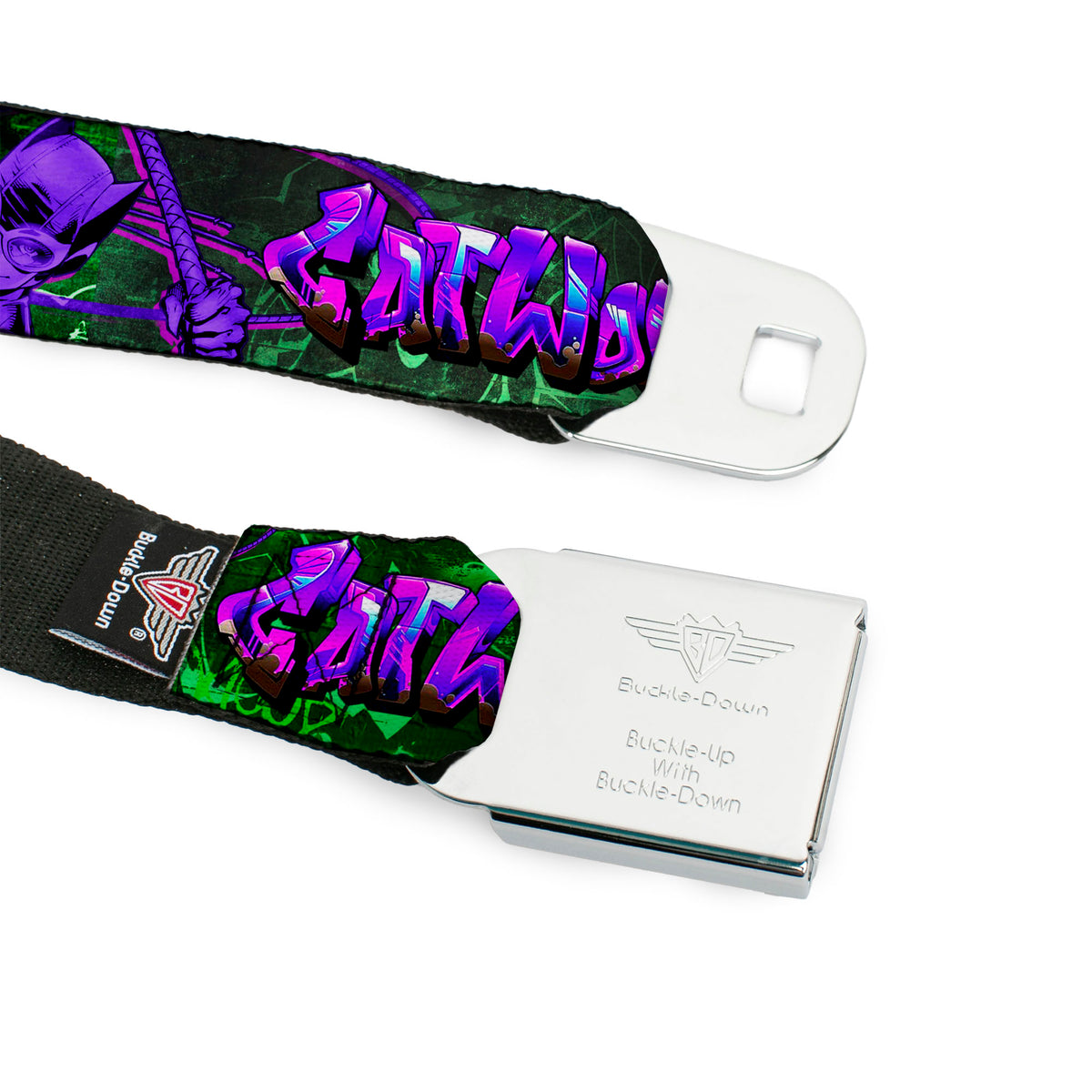 Catwoman Whip Pose Face CLOSE-UP Full Color Black Greens Purples Seatbelt Belt - CATWOMAN Whip Pose/Graffiti Black/Greens/Purples Webbing Seatbelt Belts DC Comics