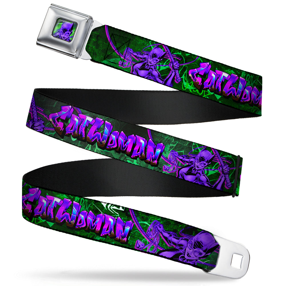 Catwoman Whip Pose Face CLOSE-UP Full Color Black Greens Purples Seatbelt Belt - CATWOMAN Whip Pose/Graffiti Black/Greens/Purples Webbing Seatbelt Belts DC Comics