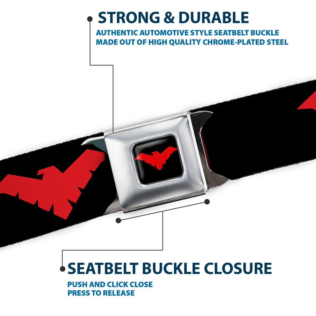 Nightwing Logo Full Color Black Red Seatbelt Belt - Nightwing Logo Black/Red Webbing Seatbelt Belts DC Comics