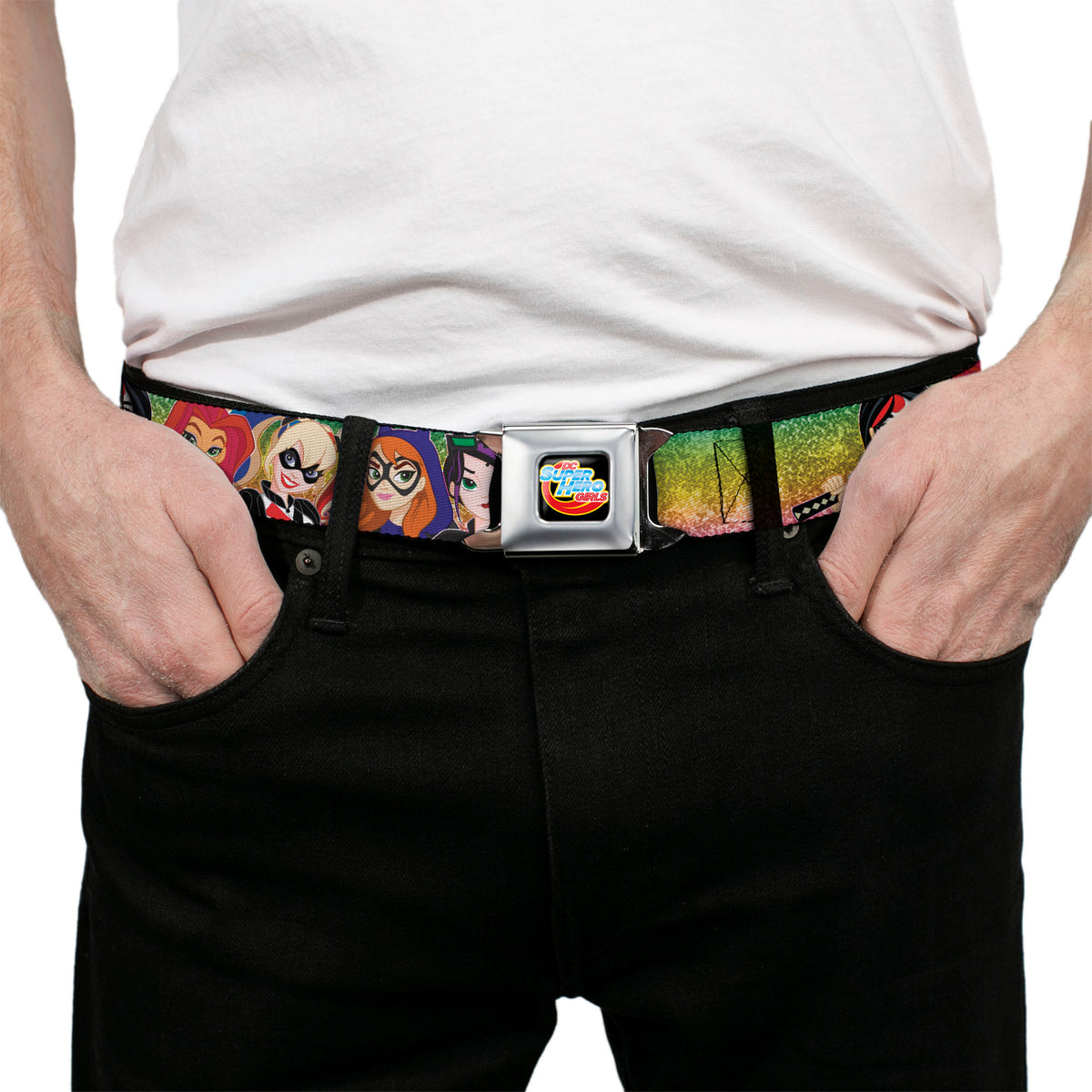 DC SUPERHERO GIRLS Logo Full Color Black Gold Red Blue Seatbelt Belt - DC SUPERHERO GIRLS 9-Character Group Pose Green/Yellow/Pink-Fade Webbing Seatbelt Belts DC Comics