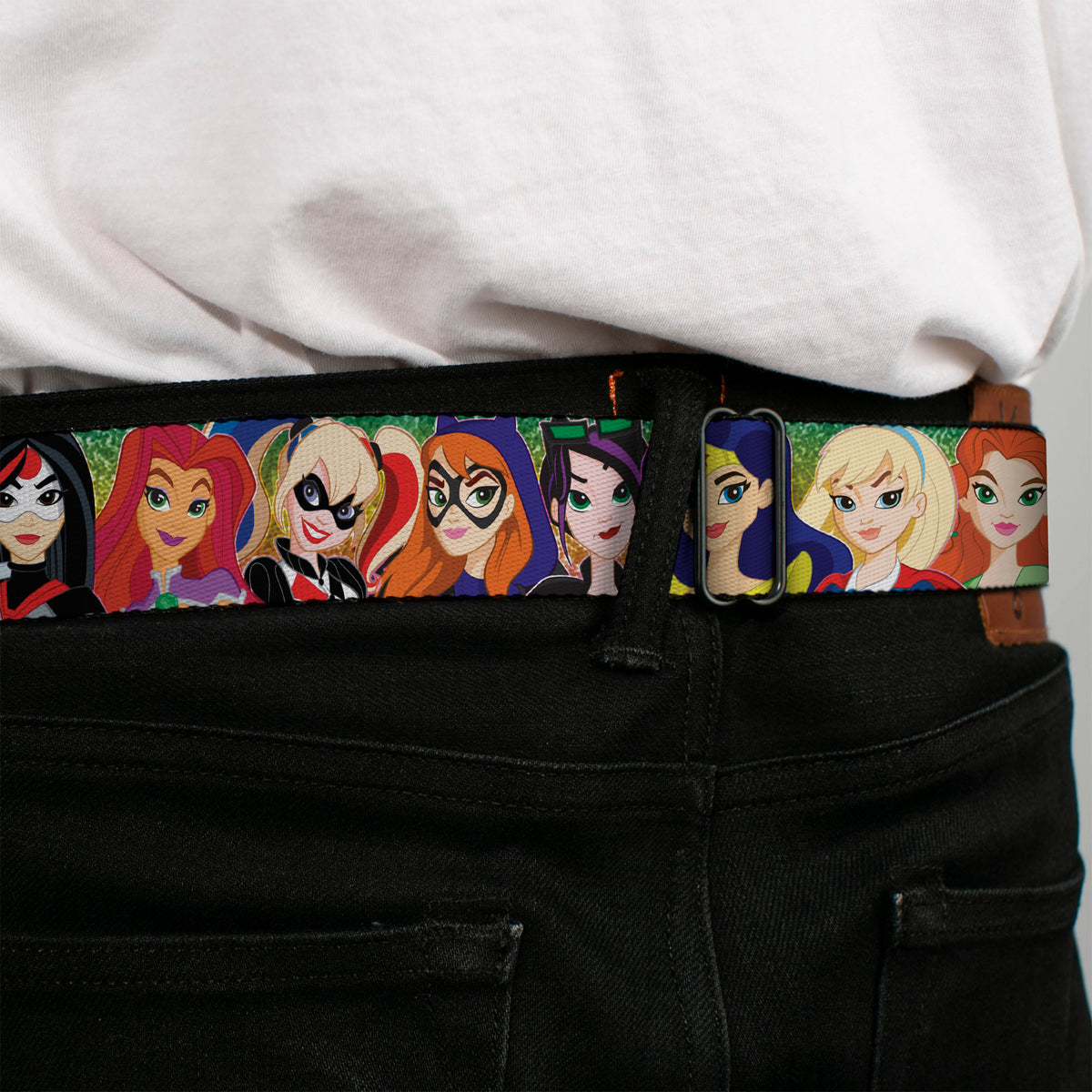 DC SUPERHERO GIRLS Logo Full Color Black Gold Red Blue Seatbelt Belt - DC SUPERHERO GIRLS 9-Character Group Pose Green/Yellow/Pink-Fade Webbing Seatbelt Belts DC Comics
