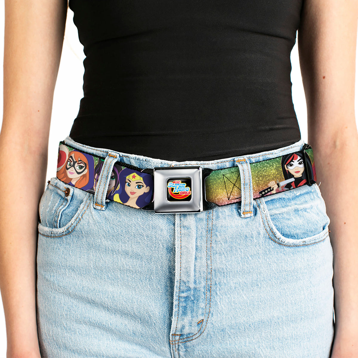 DC SUPERHERO GIRLS Logo Full Color Black Gold Red Blue Seatbelt Belt - DC SUPERHERO GIRLS 9-Character Group Pose Green/Yellow/Pink-Fade Webbing Seatbelt Belts DC Comics